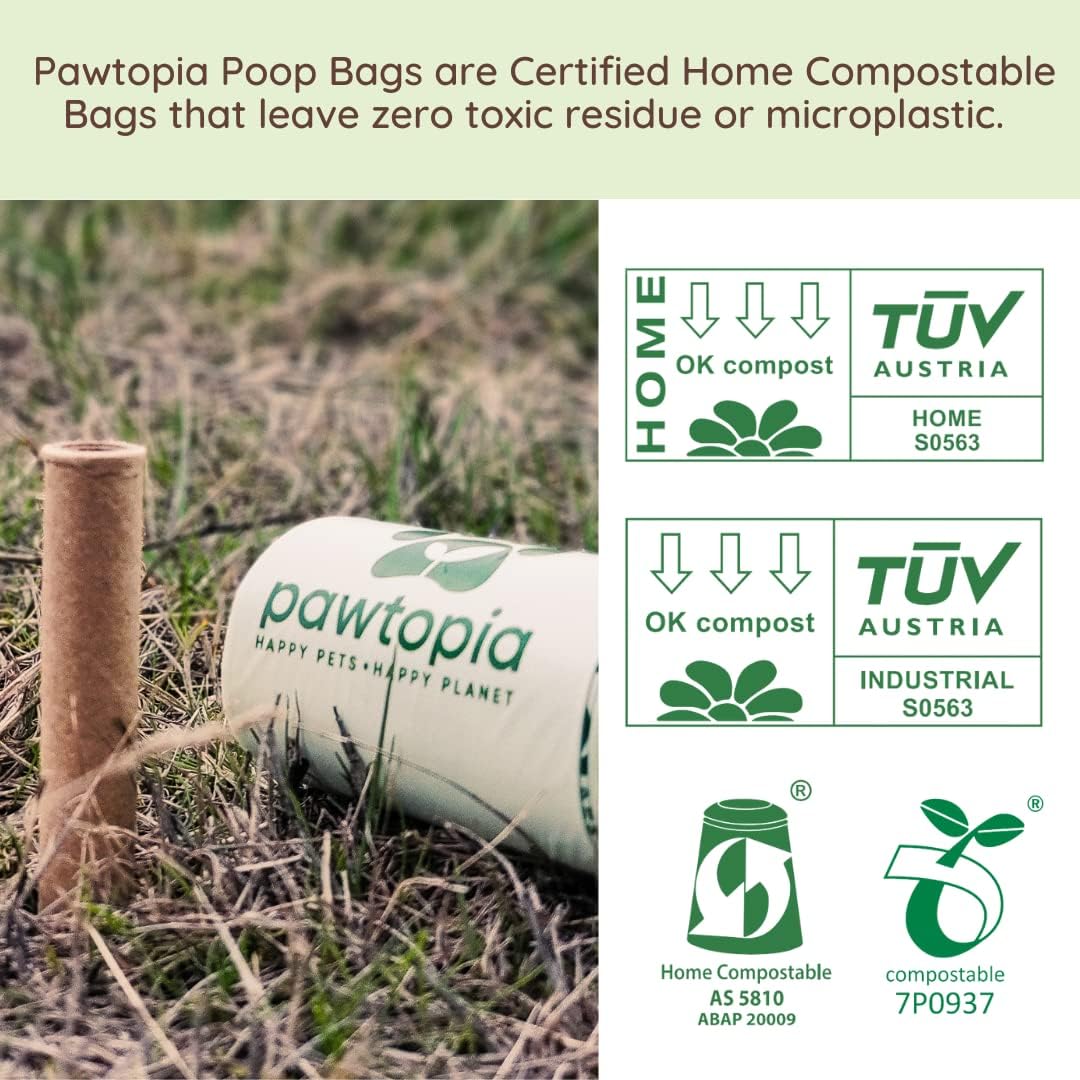 Pawtria Certified Home Compostable Dog Poop Bags (120) + Pink Poop Bag Carrier, Biodegradable Poop Bags, Vegetable Starches, Leak proof Dog Waste Bags, Light-weight silicone made bag carrier
