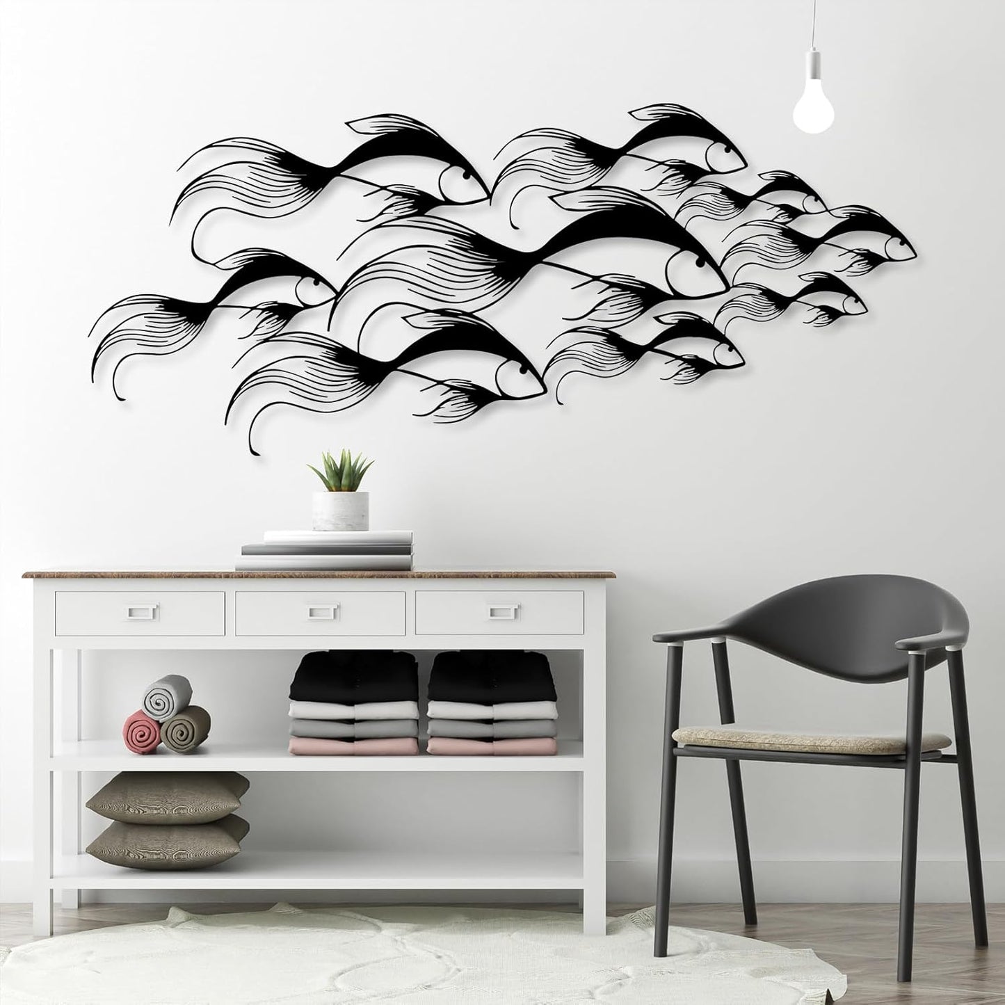 School of Fish Metal Wall Art, Metal Fish Wall Decor, Sea Life Wall Art, Large Nautical Wall Hanging, Modern Beach House Wall Decor, Ocean Themed Artwork for Bathroom (Black, 59"x25" | 150x64cm)