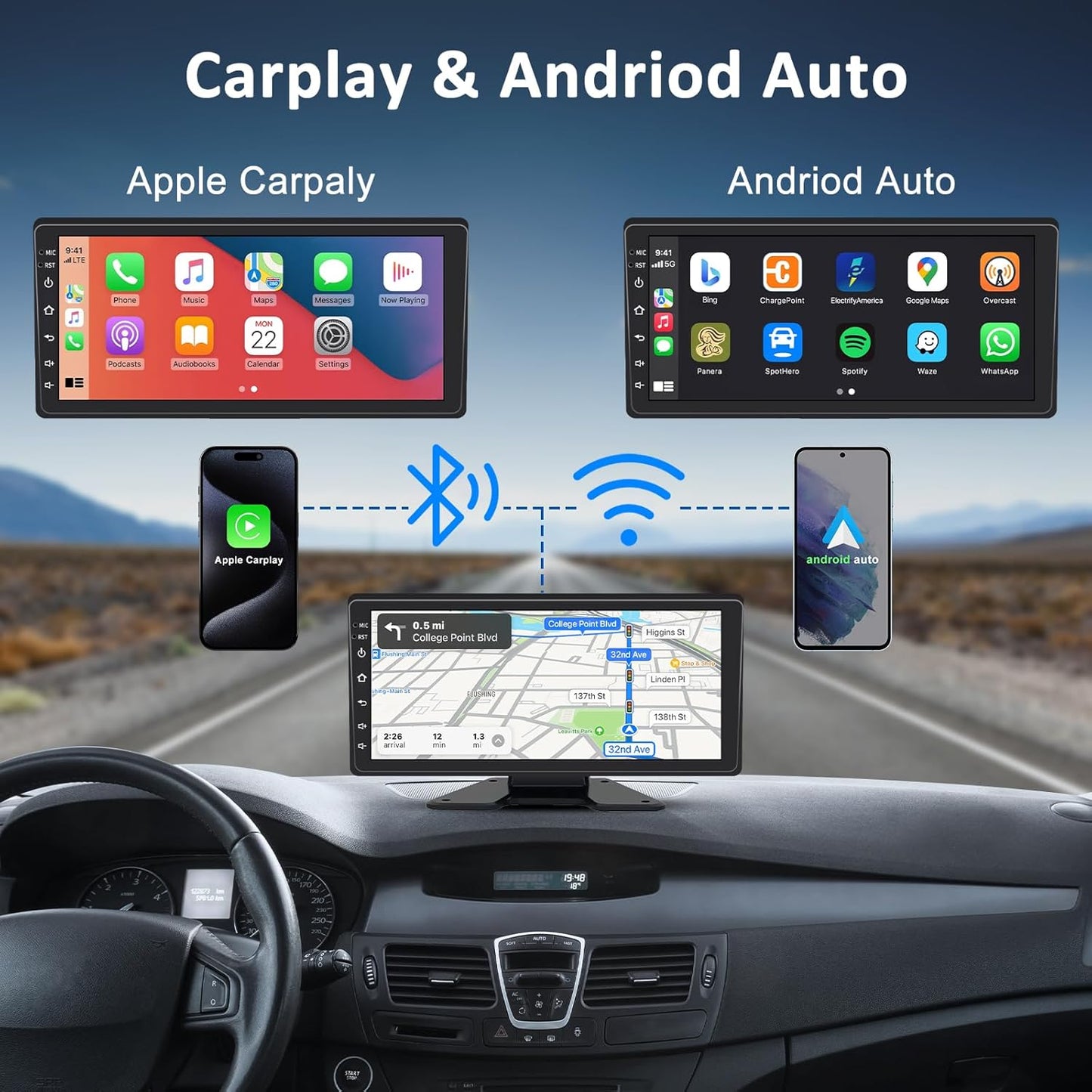 6 Channel Backup Camera System,1080P Rearview Camera with Carplay & Android Auto,GPS Navigation, Touchable 11 inch Monitor & Loop Recording DVR car Stereo, for RV/Truck/Trailer Pickup,128GB Card