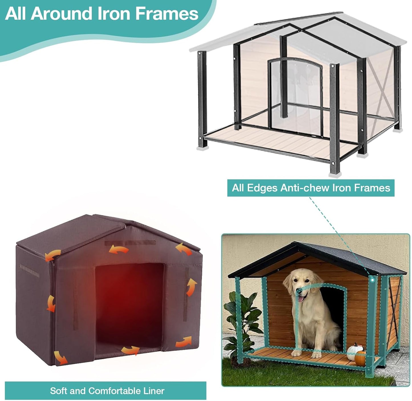 Outdoor Dog House,Weatherproof Wooden Dog Shelter for Medium and Large Sized Dogs,Iron Frame Indoor Outdoor Kennel,Pets Warm House in Winter with Large Porch (34.25"D x40.59"W x 31.5"H -IN)