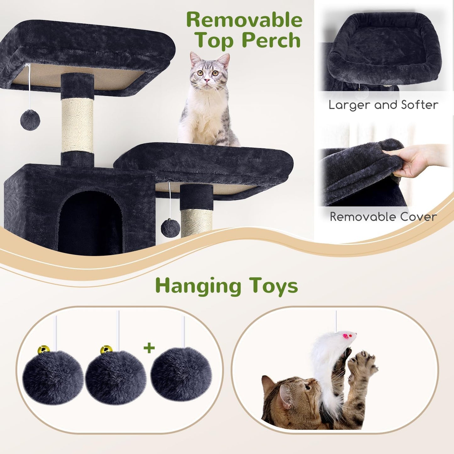 Globlazer Cat Tree Tower, 76-Inch Extra Tall Multi-Level Cat Furniture with Cozy Condos, Hammock and Perches for Adult Cats, Perfect for Climbing, Scratching, and Play, F76, Dark Grey