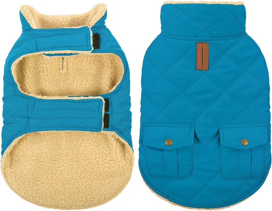 Queenmore Dog Winter Coat Warm Puffer Jacket Waterproof Plush Lining Thermal Cold Weather Vest for Small Medium Large Dogs, Windproof Easy On Pet Jacket Blue S