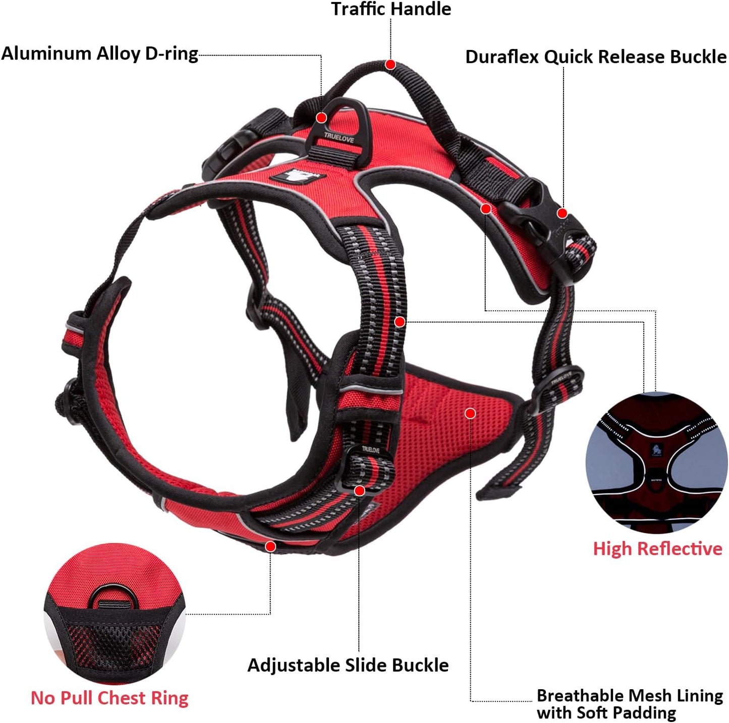 TRUE LOVE Adjustable No-Pull Dog Harness Reflective Pup Vest Harnesses Comfortable Control Brilliant Colors Truelove TLH5651(Red,L)