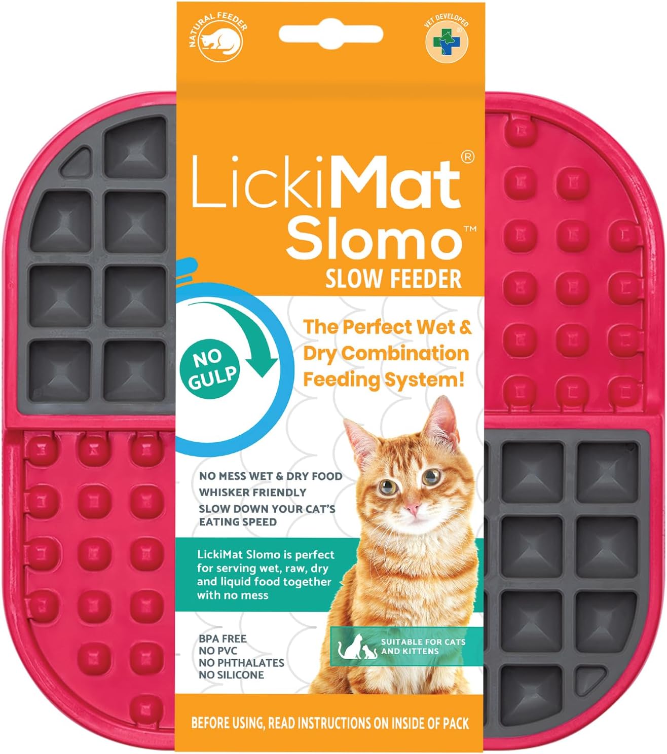LickiMat Slomo, Cat Slow Feeder Lick Mat, Boredom Anxiety Reducer; Perfect for Food, Treats, Yogurt, or Peanut Butter. Fun Alternative to a Slow Feed Cat Bowl or Dish, Red