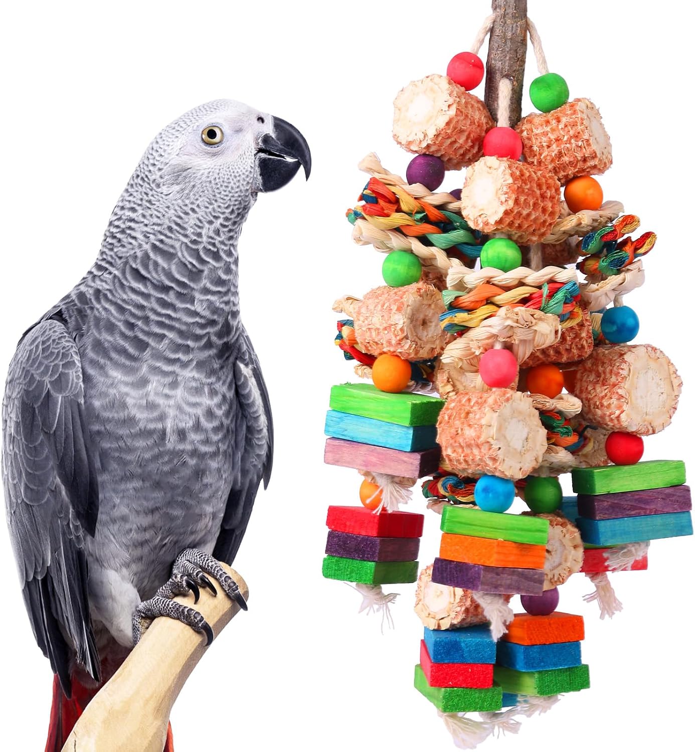 Parrot Toys for Medium and Large Birds Natural Wood Corn Cob Chewing Toy Bird Cage Accessories for African Grey,Macaws,Conure,Cokatoos,Cockatiel,Amazon Parrots