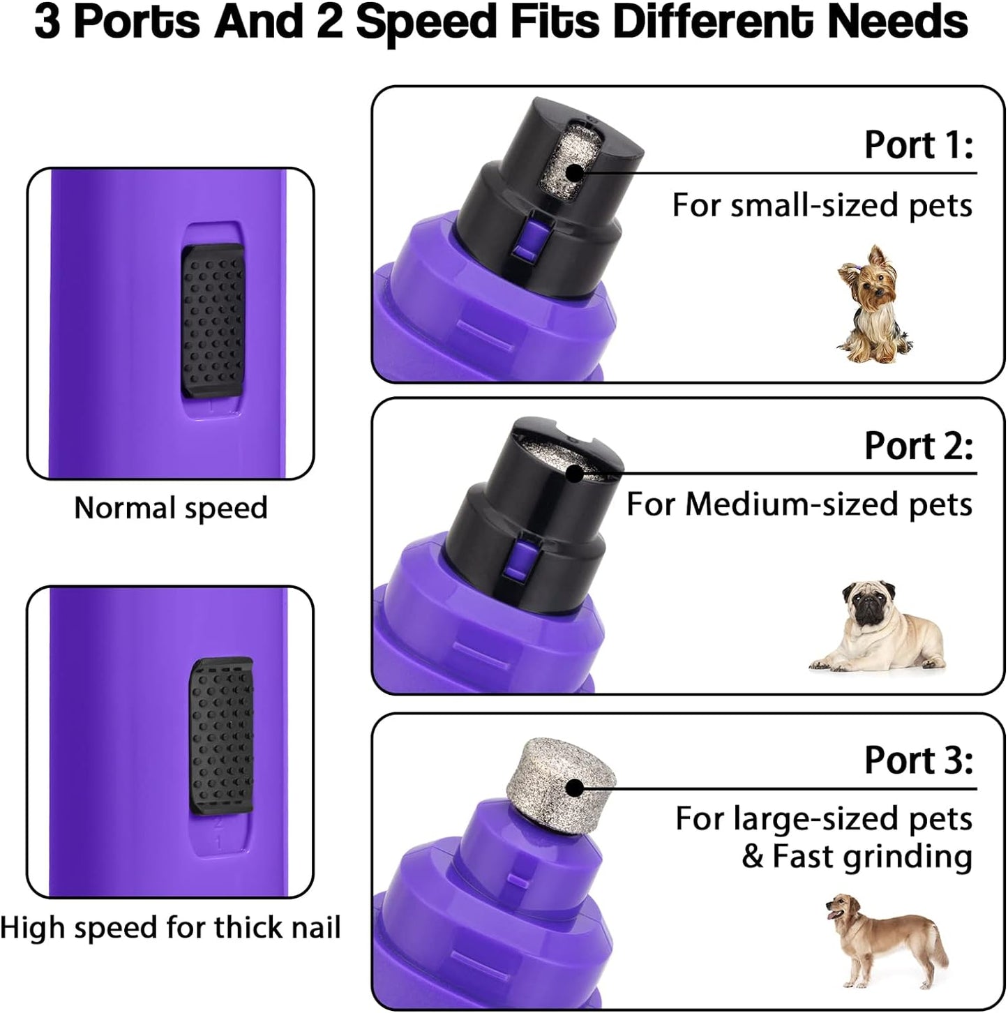 Casfuy Dog Nail Grinder Upgraded - Professional 2-Speed Electric Rechargeable Pet Nail Trimmer Painless Paws Grooming & Smoothing for Small Medium Large Dogs & Cats (Purple)
