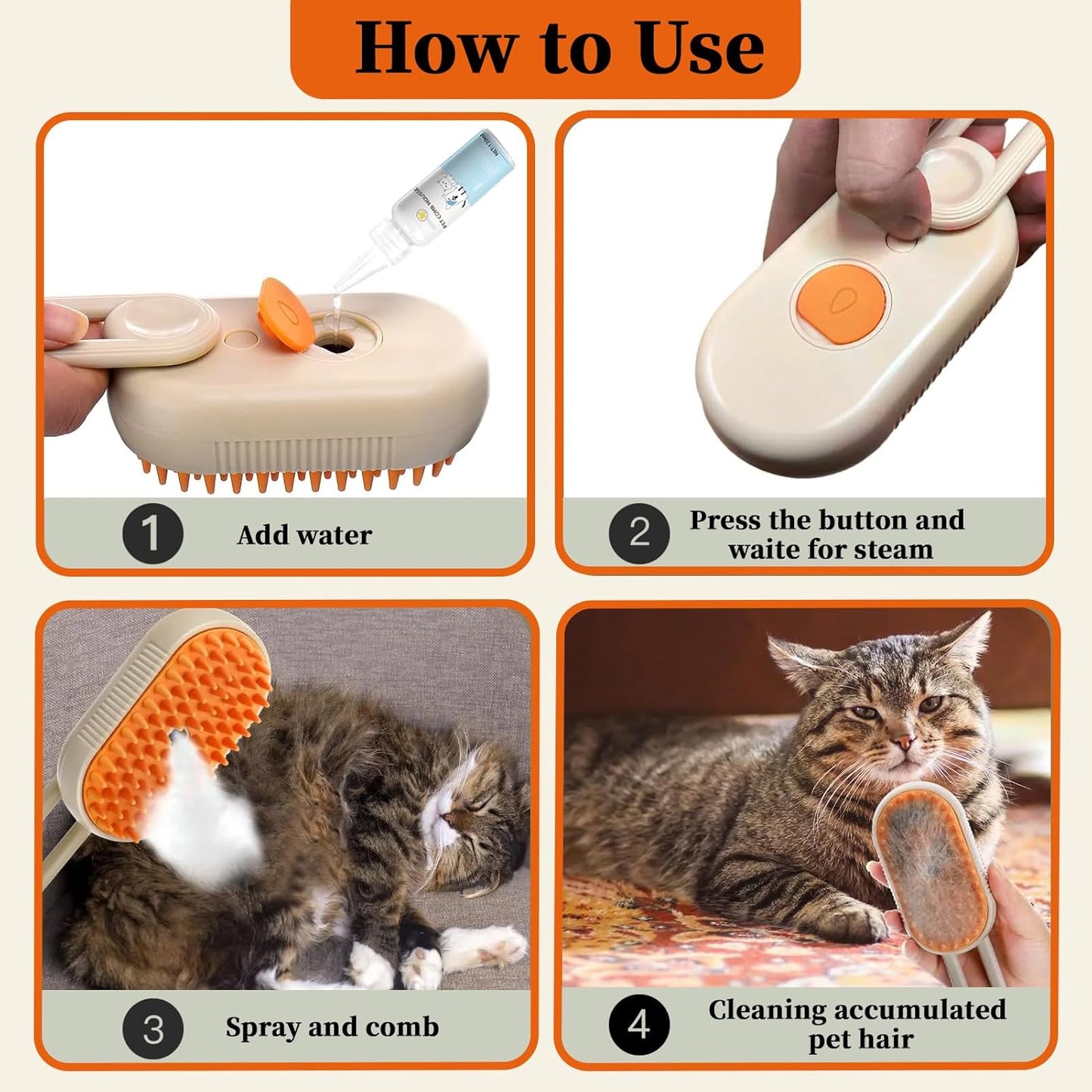 4-in1 Cat Steam Brush for Shedding & Grooming, Spray Hair Removal Comb with 2 Waterless Shampoo, Cat Brush for Massage, Pet Grooming Comb Hair Removal Tool for Cats and Dogs