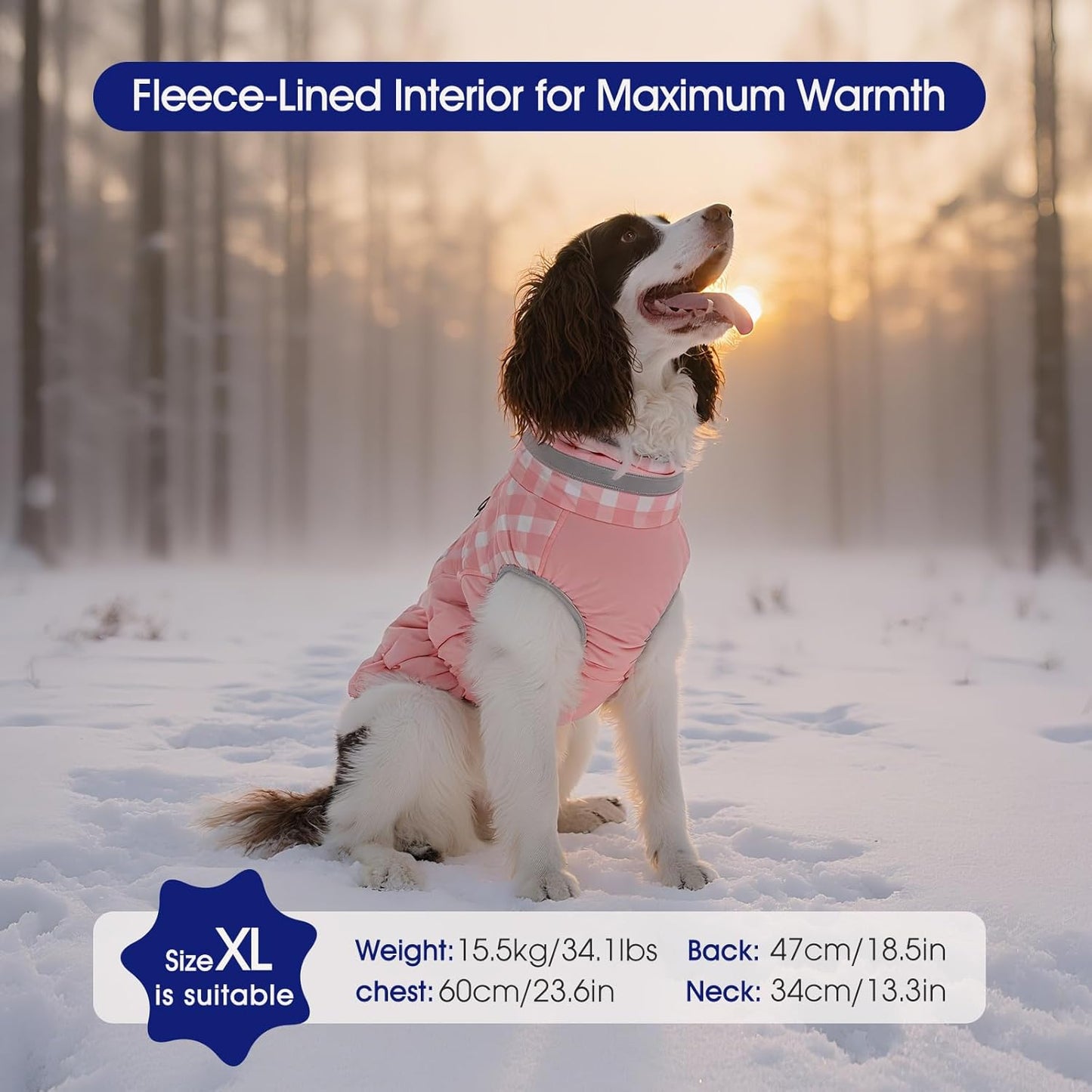 FUAMEY Dog Coat for Large Dogs,Waterproof Dog Winter Jacket with Harness Built in Puppy Cold Weather Coats Reflective Pet Vest with Zipper Warm Fleece Dogs Snowsuit Windproof Pink Plaid L