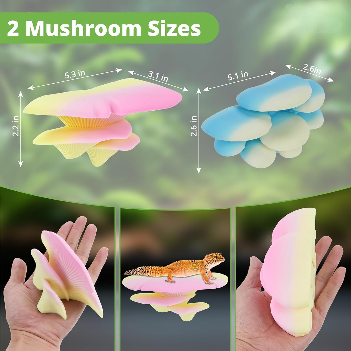 Mushroom Decor for Reptile Tank, Fish Tank, Pet-Safe Bearded Dragon Tank Accessories, Realistic Terrarium Plants for Leopard Geckos, Crested Geckos, Tree Frogs, Snakes (Forest, Trio Cap)