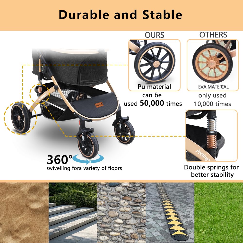 Pettingzoo Dog stroller with 4 Wheels, Folding Cat Stroller for Small/Medium/Large dogs & cats to 60 lbs, pet stroller with removable carrier, Storage Basket,Cup Holder,3 in1 Multifunctiona Detachable