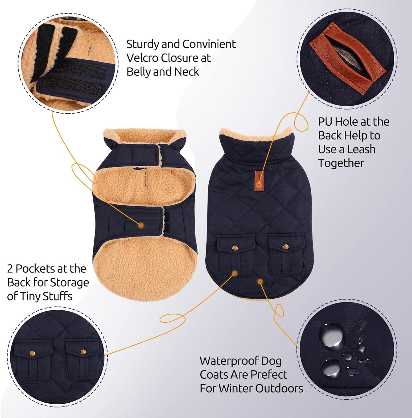 Queenmore Warm Puffer Dog Coat, Quilting Winter Jacket Ultra Thick Plush Lining with Storage Pockets (Dark Navy, Large)