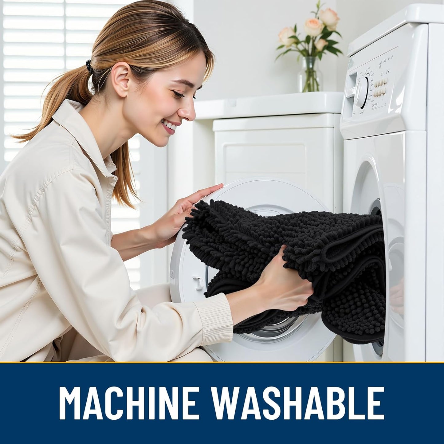 Smiry Dog Door Mat for Muddy Paws 48x30, Absorbs Moisture and Dirt Doormat, Non-Slip Washable Quick Dry Chenille Front Door Mat Indoor Entrance, Entryway Carpet for Inside Floor, Black