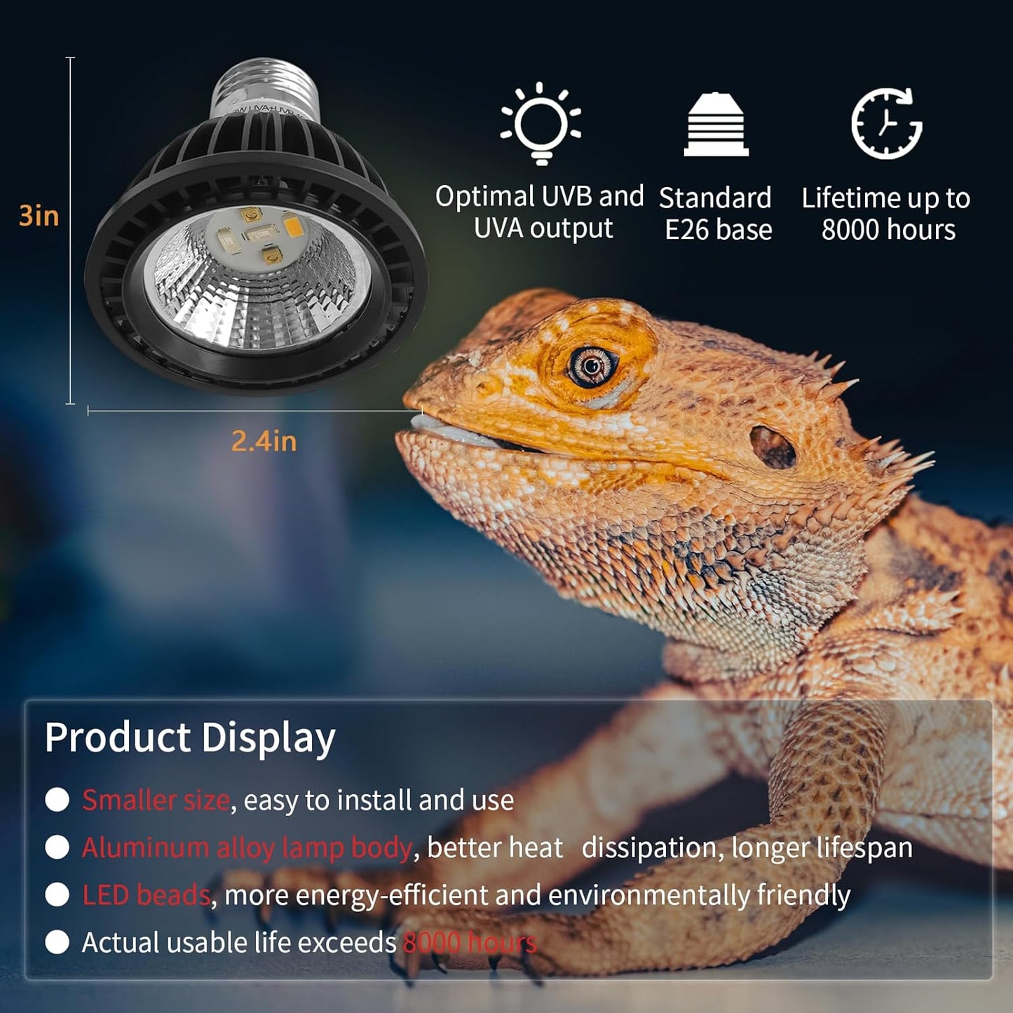 UVB Light Bulb for Reptiles, LED 3W 10.0 UVA UVB Heat Lamp Bulbs Ideal for Rainforest Reptiles, Bearded Dragons Lizard Turtle Tortoise Iguanas Chameleons Snake (1 Pack)