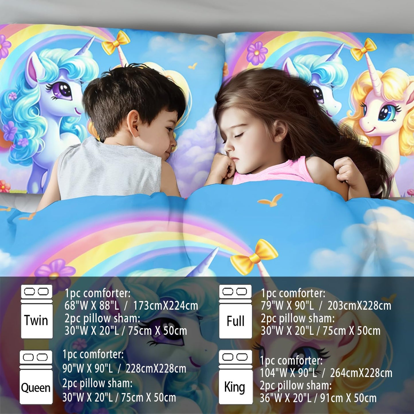 Unicorn Comforter Set Queen,Kawaii Unicorn Bedding Set Queen Kids,Rainbow Comforter Blue Bedroom Decor,Cute Animal Bedding Rainbow Bed Decor for Girls,Cartoon Blue Floral Quilt