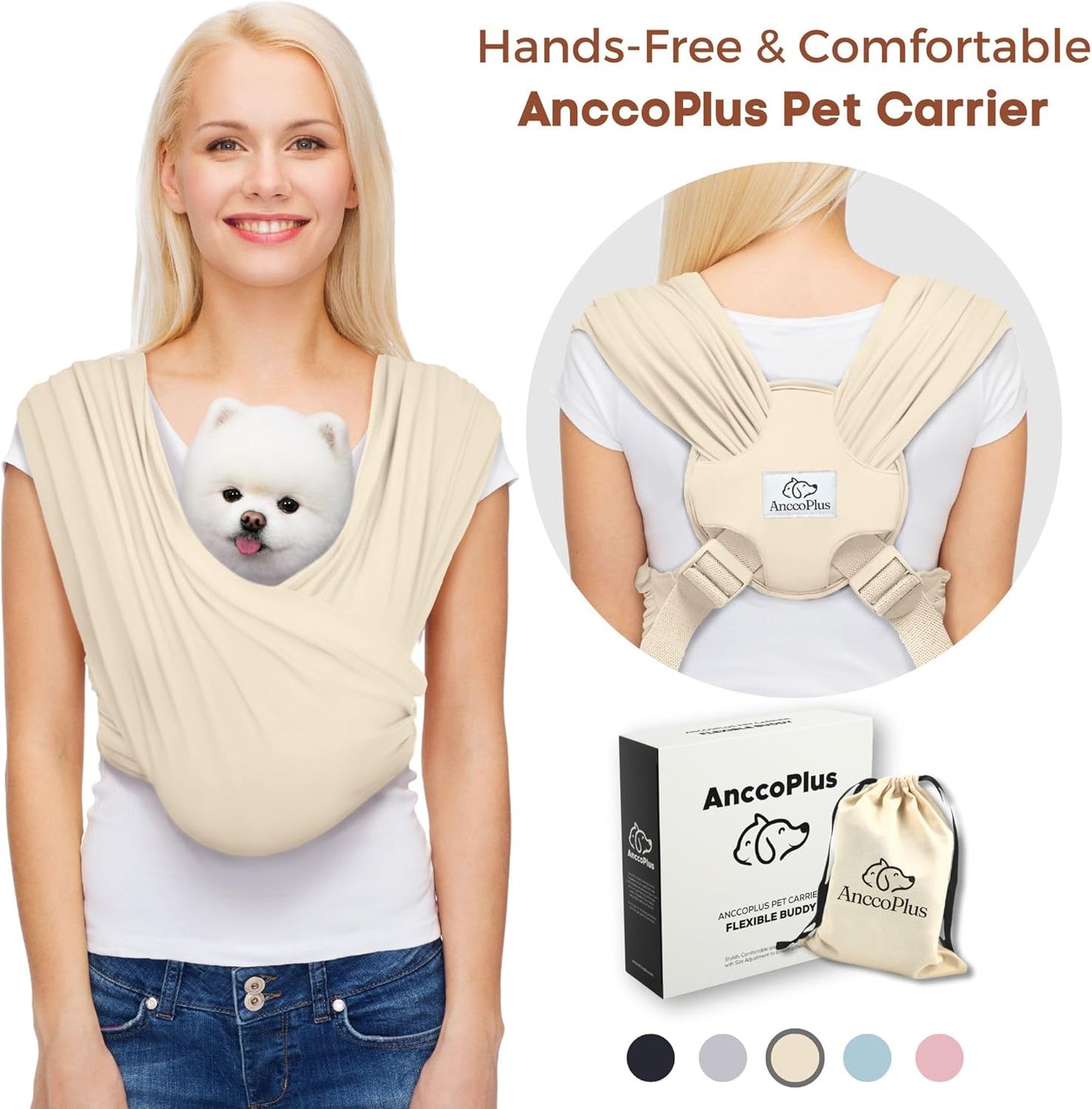 Dog Carriers for Small Dogs, Front Facing Dog Sling Carrier, Hands Free Cat Carrier, Size Adjustable, Reducing Back Pain, Premium Cotton, Safe and Soft Dog Carrier (Regular, Beige)