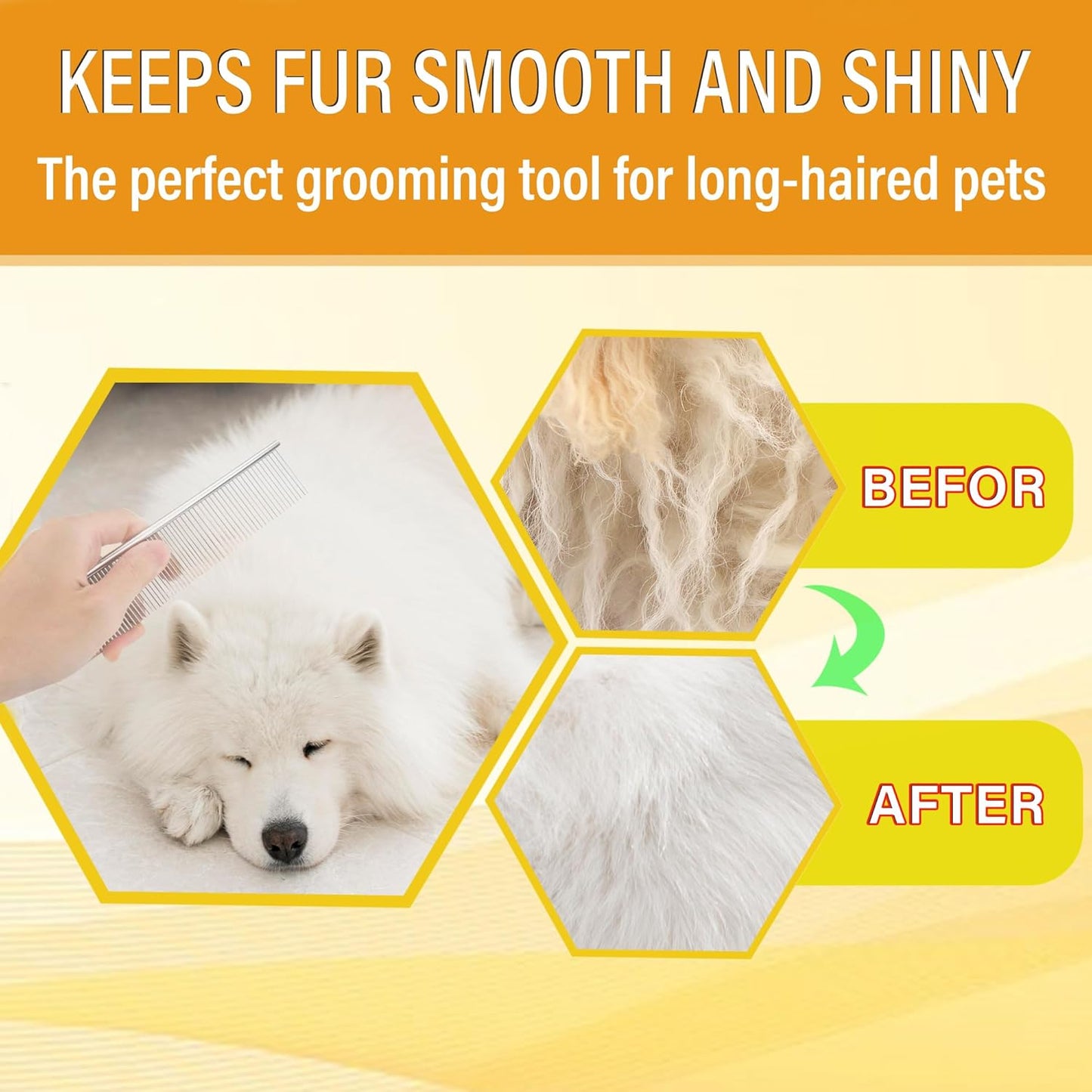 Dog Comb and Cat Combs Stainless Steel Teeth, Grooming Tool for Long & Short Hair, Dematting Comb for Dogs, Removes Tangles & Knots (Large Silver)