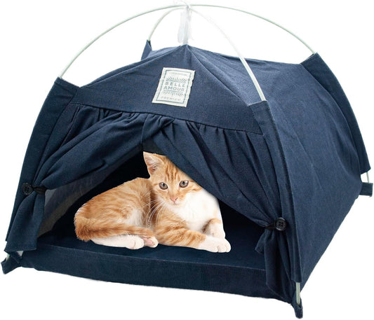 Cat Tent Bed,Cats Cave House Portable for Indoor with Removable Non-Slip Soft Pad Foldable Cat Tents Hut Washable Pet House Bed Outdoor for Kitty Puppy Small Pets 15.7x15.7x16.1 in (Navy Blue)