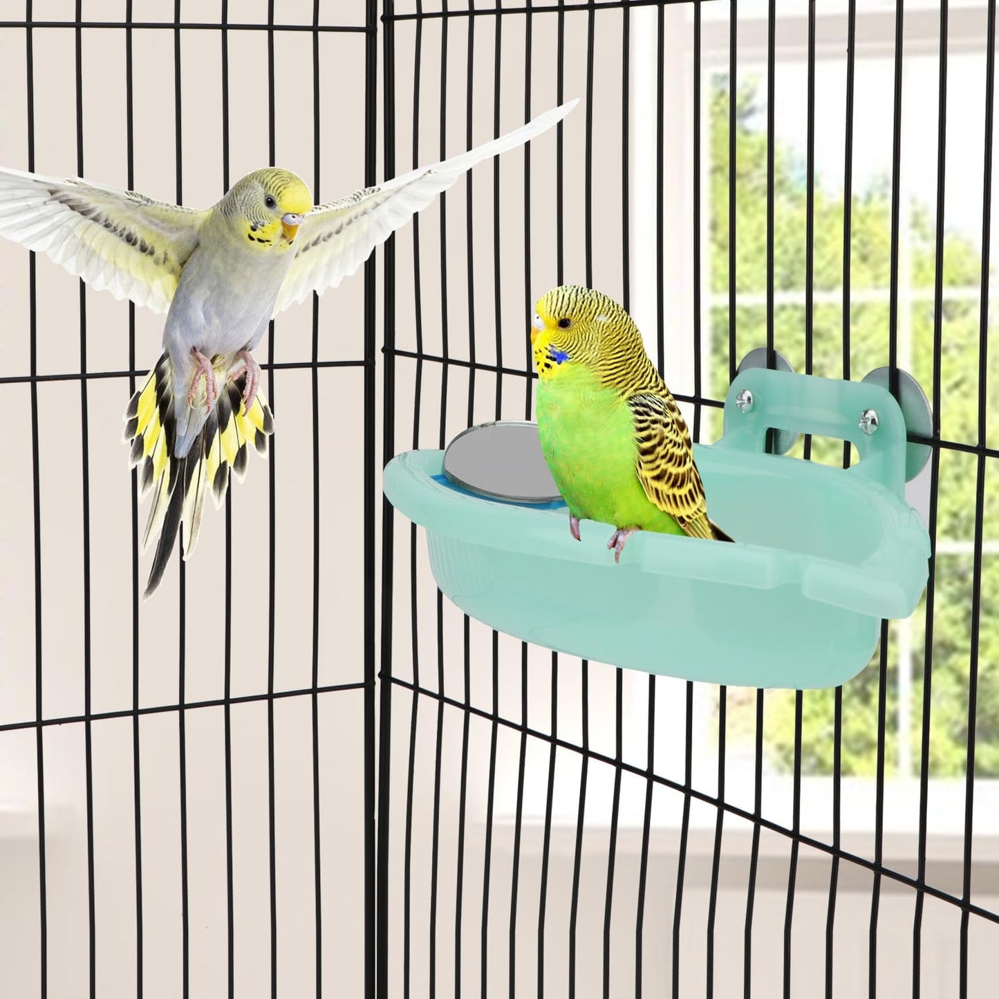 Wontee Bird Bath for Cage Portable Parrot Hanging Bathroom Bathing Tub with Mirror for Small Birds Parakeets Budgies Lovebirds Canaries Finches