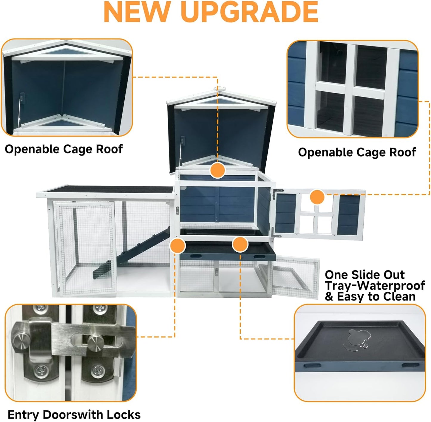 GARWOOD Large Outdoor Indoor Rabbit Hutch Wooden Bunny Rabbit Cage 2-Story with Run No-Leak Pull-Out Tray Waterproof Asphalt Roof Ramp for Guinea Pig Small Animal Wood Pet House Home Blue White