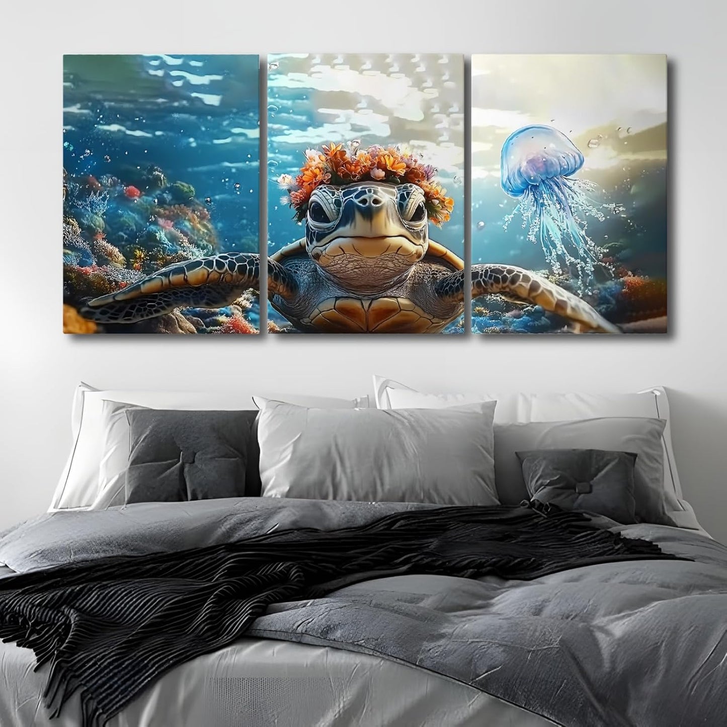 Wivsev Sea Turtle Canvas Wall Art,Under Sea Wall Art,Sea Life Pictures Wall Decor,Ocean Animal Painting for Bathroom,Living Room,Bedroom (16" x 24" x 3 pcs)