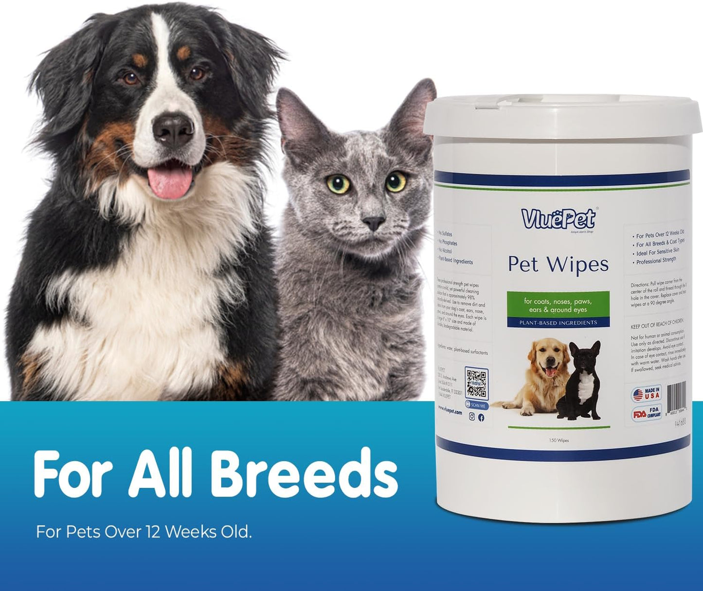 VLUEPET - Pet Wipes for Dogs & Cats | Biodegradable, Natural & Unscented Grooming Wipes for Paws, Coat, Ears, Eyes & Rear | Soft, Durable & Safe for Daily Cleaning, Fragrance-Free | 150 Count