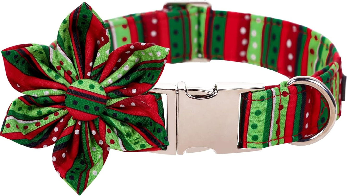 Lionet Paws Christmas Dog Collar with Flower, Dog Flower Collar with Metal Buckle for Dogs, Adjustable Comfortable Dog Collar Girl Gift, L, Neck 16-24 in