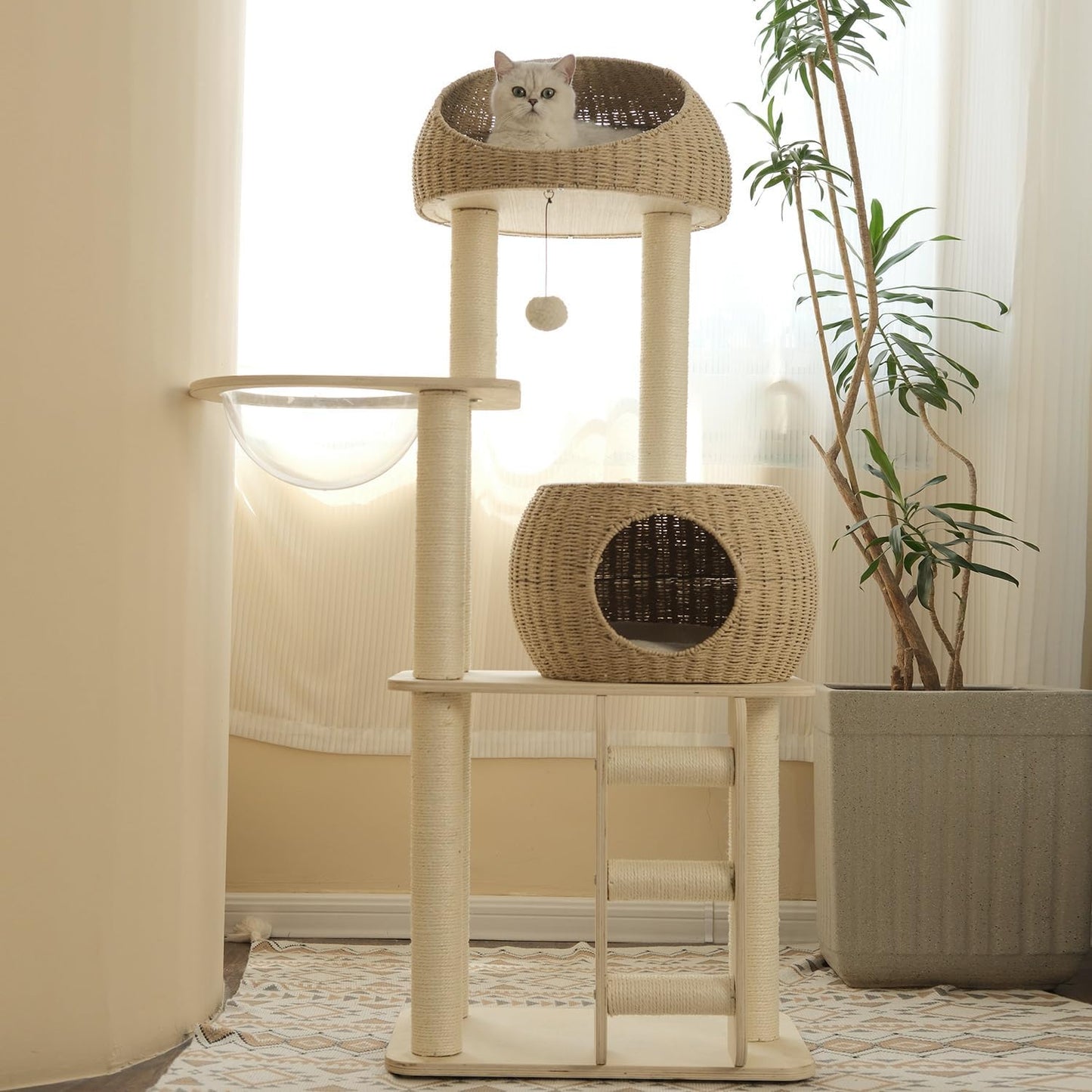 Rattan Cat Tree for Indoor Cats,Tall Cat Tree Tower with Cat Scratching Post,Wood Cat Tower for Indoor Cats,57.5 Inch Tall