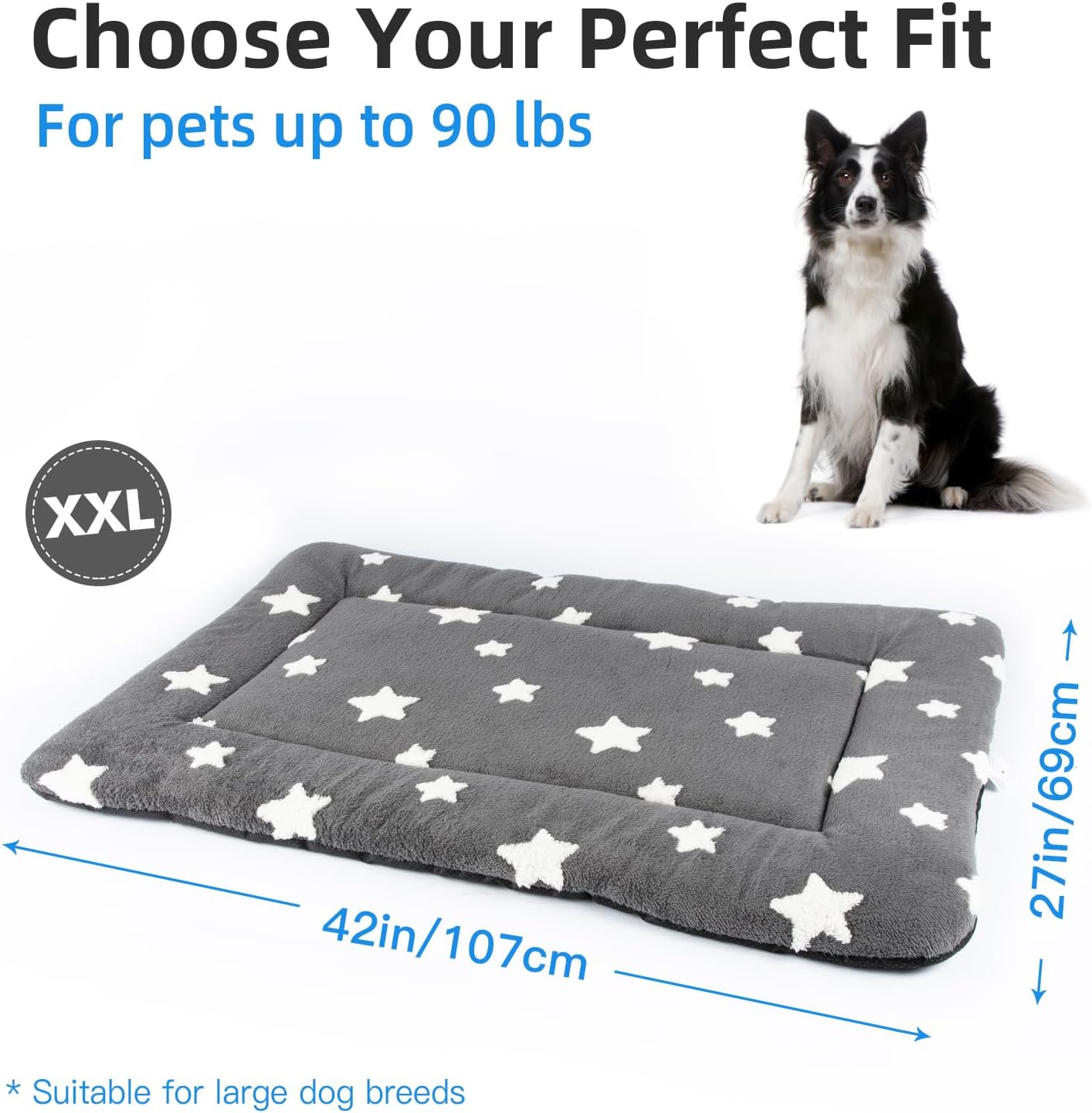 Mora Pets Dog Crate Pad Dog Kennel Bed Crate Mat for Large Dogs Washable Cute Star Pet Bed for Cage Ultra Soft Flat Pillow Cushion for Cozy Sleeping Anti-Slip Grey 42 x 27
