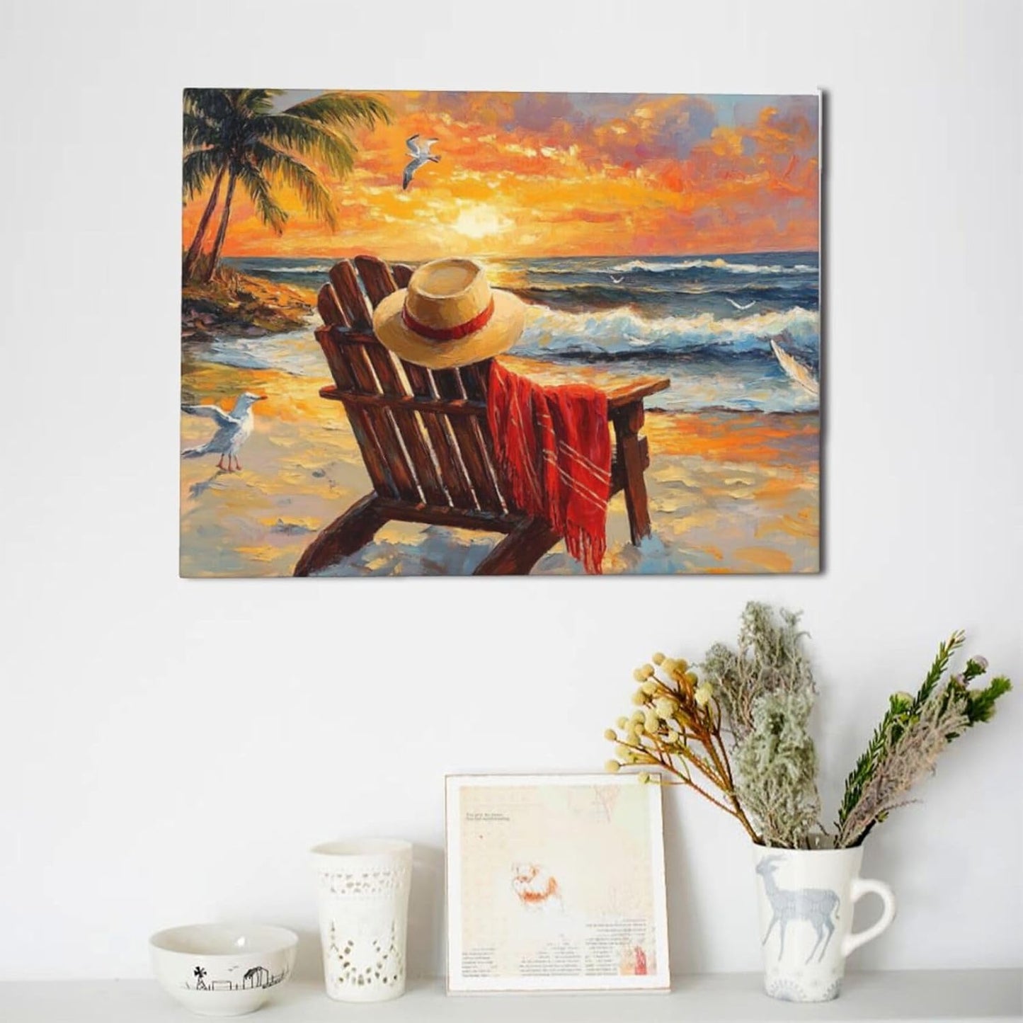 Beach Coastal Bathroom Pictures Wall Art, Seaside Ocean Bathroom Wall Decor, Sunrise Palm Framed Painting Canvas Artwork for Bedroom Living Room Decorations 16"L x 12"W