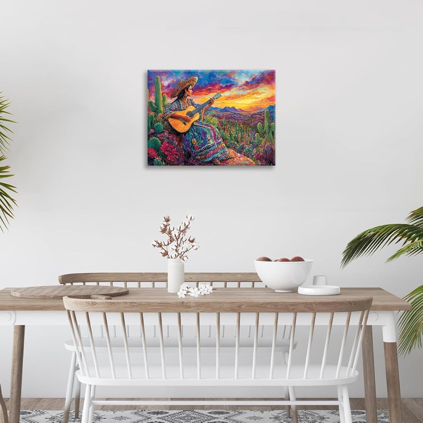 Mexican Women Pictures Wall Art, Cactus Landscape Bathroom Wall Decor, Nature Scenery Aesthetics Framed Painting Desert Modern Canvas Artwork for Bathroom Bedroom Living Room Decorations 20"L x 16"W