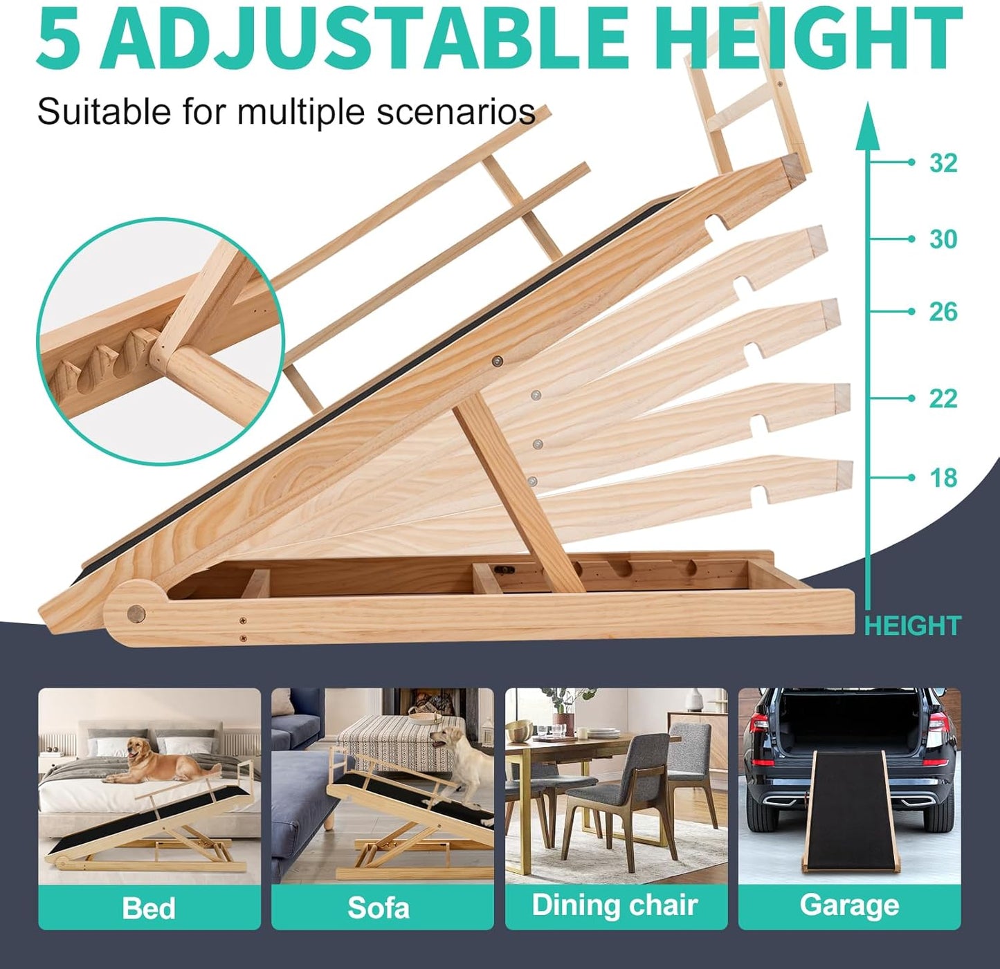 Dog Ramp, 5 Level Adjustable Height Folding Pet Ramp for High Bed, Portable Paw Ramps Large Bed Ramp for Medium & Large Old Dogs & Cats - Natural Wood Furniture Quality
