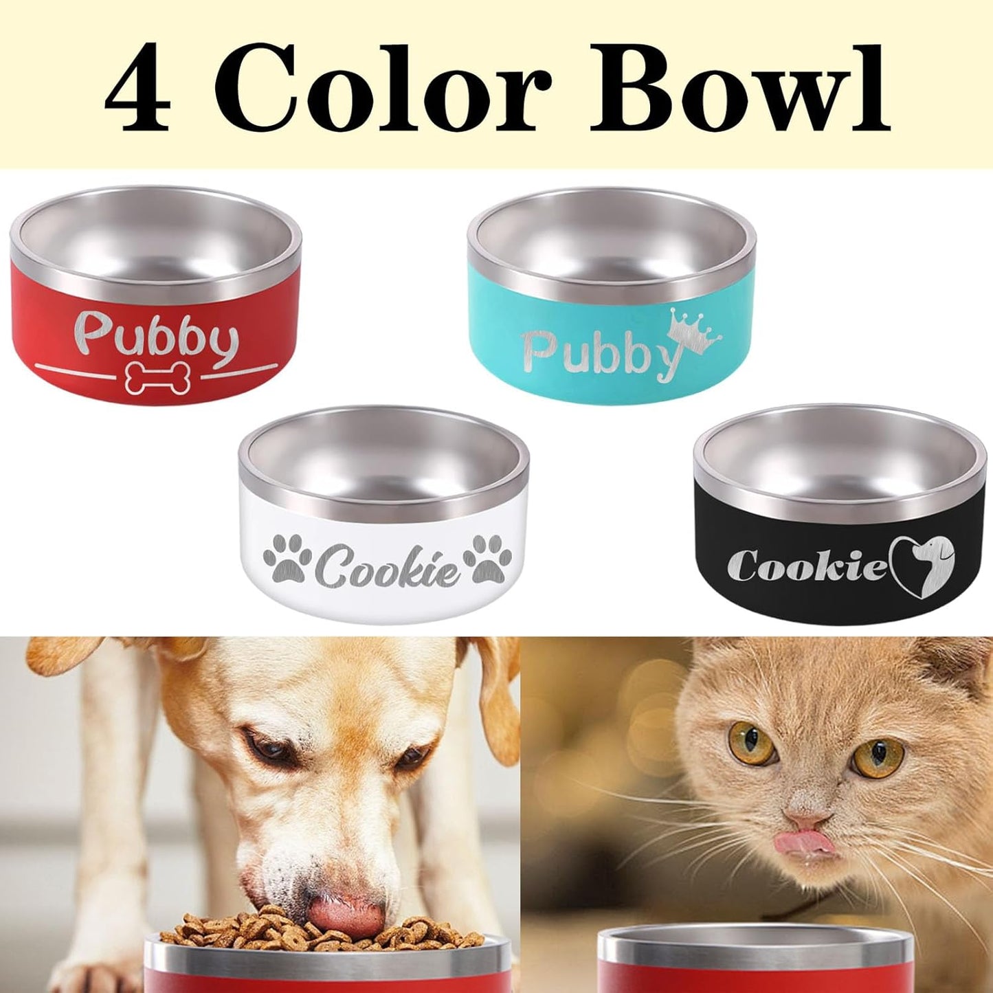 32OZ Personalized Dog Bowl Laser Engraved Custom Pet Name 18/32/42/64 oz No Slip Stainless Steel Insulated Bite-Resistant Food Water Dishes-Black