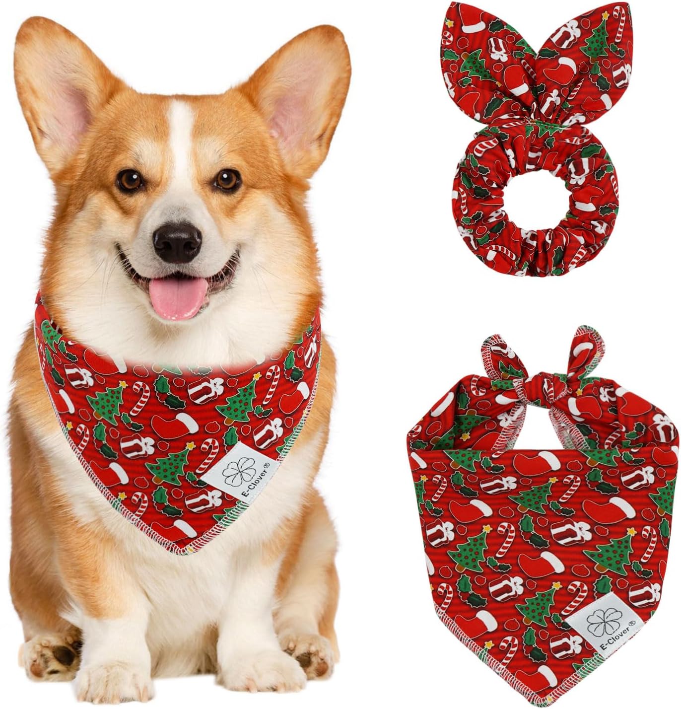 E-Clover Christmas Dog Bandanas & Matching Scrunchie Set Green Red Dog Scarf Bibs Pet Bandana with Bow Tie for Small Dogs Puppy Owner Mom Winter