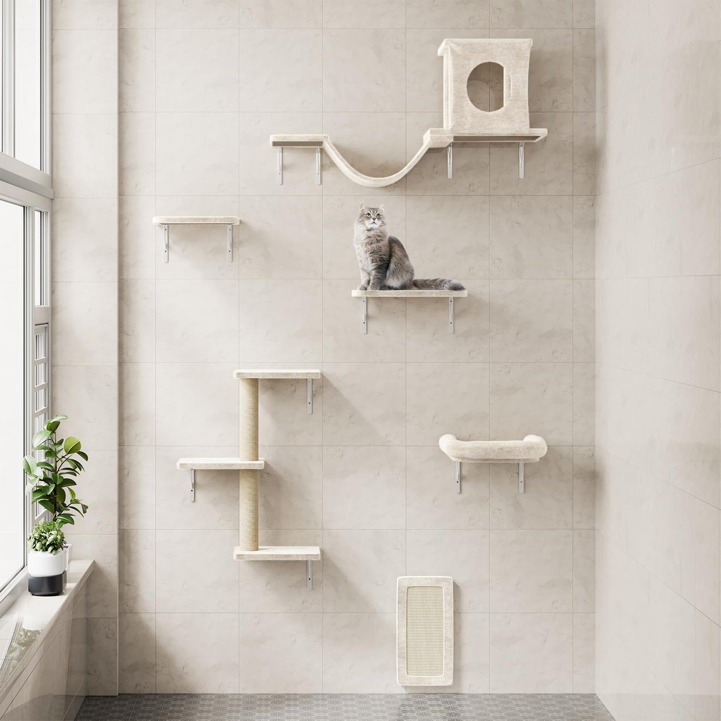 NUNU LAB Cat Wall Shelves, 6 Pcs Luxury Wall-Mounted Cat Climber Set, Indoor Cat Furniture with 1 Condos House, 2 Cat Wall Shelves, 1 Scratching, 1 Bridge Ladder, 1 Scratching Pad, White