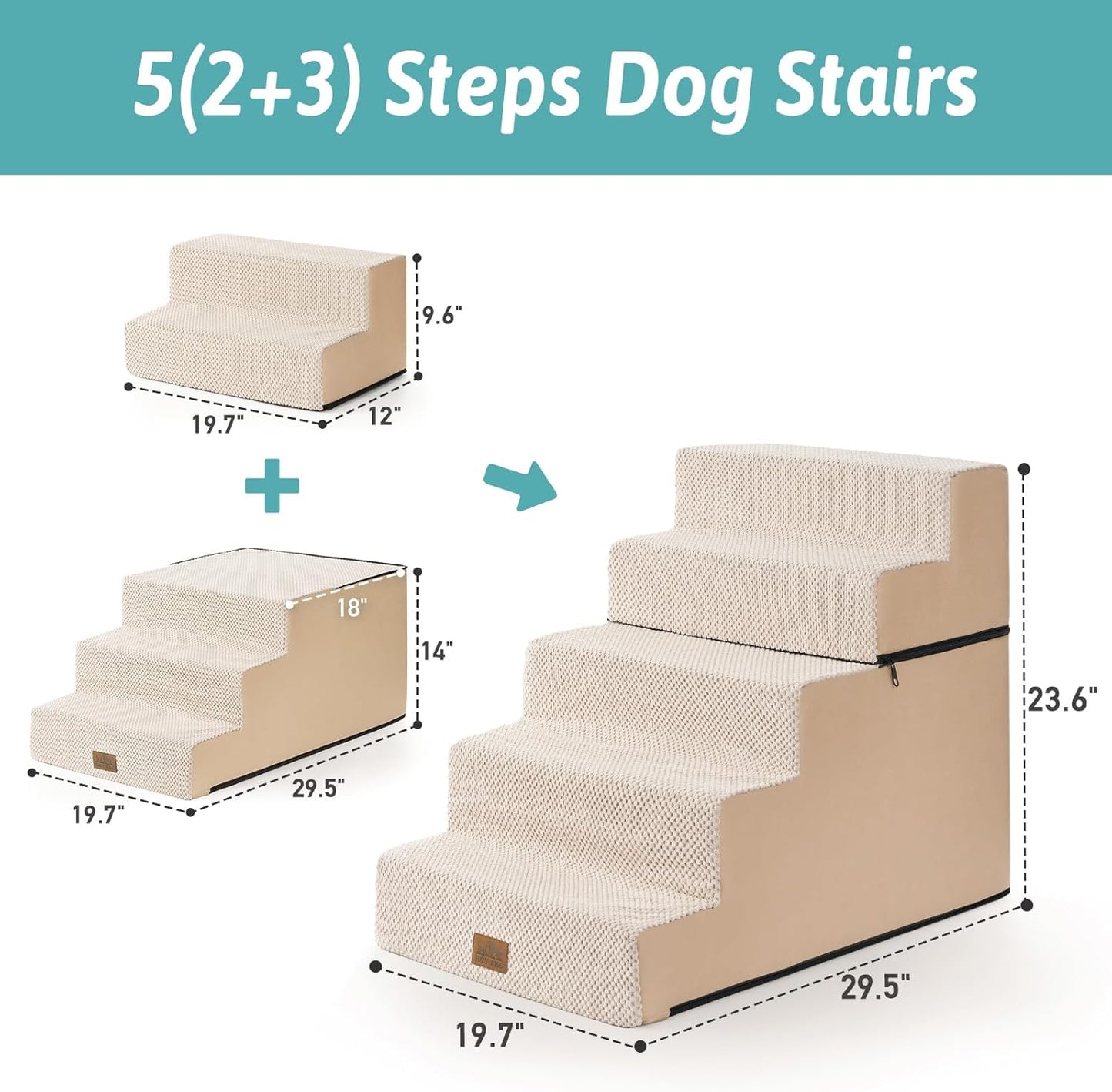 Dog Stairs for Small Dogs, 5 Tier Removable Wider Pet Stairs for Couch and Bed, 23.6" H Non-Slip Dog Steps for Puppies and Old Cats with Support Board, 29.5x19.7x23.6 inch, Beige