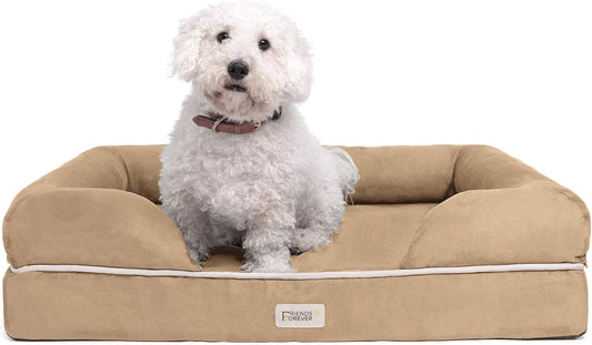 Chester Large Dog Bed - Orthopedic Memory Foam Mattress, Calming Couch, Wall Rim Pillow, Water Resistant, Washable Cover, Non-Slip, Khaki Beige