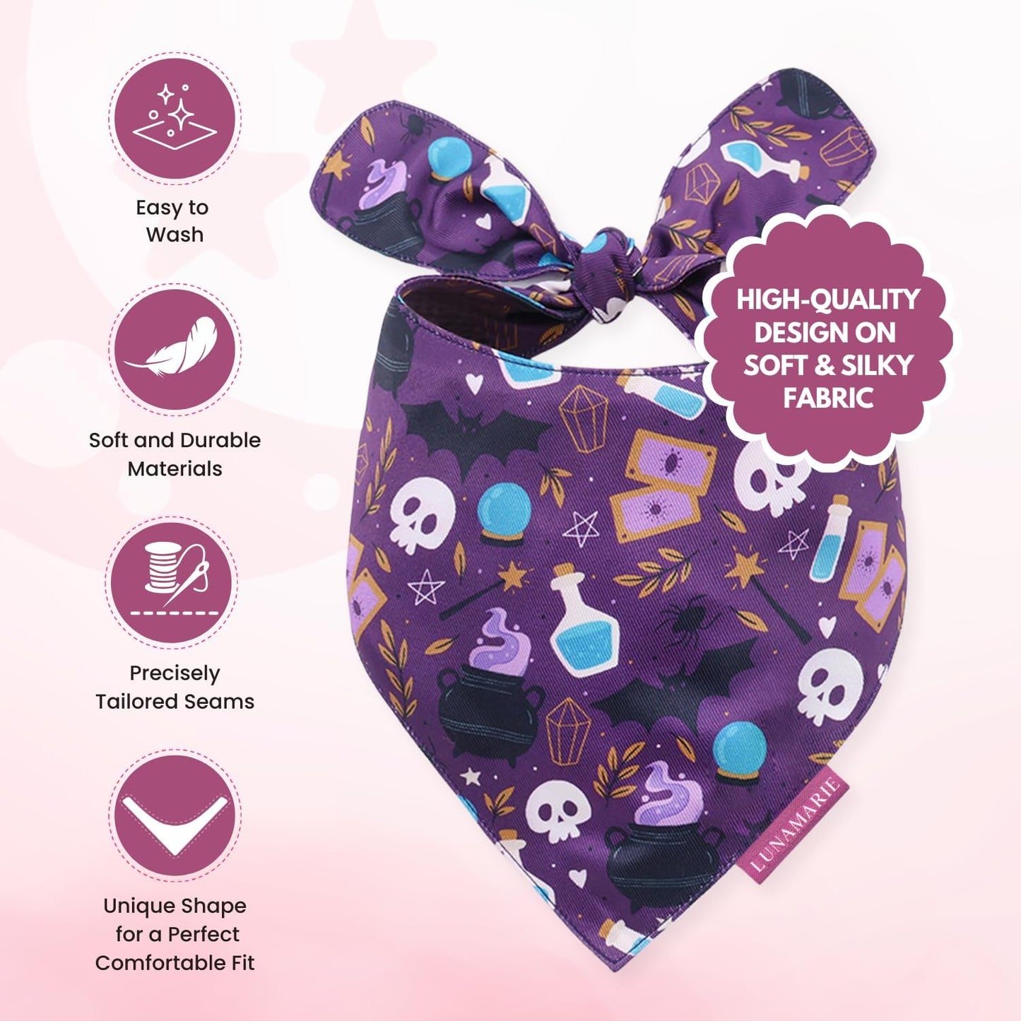LunaMarie - Luxury Dog Bandanas - Cute Witch Magic Design | Premium & Silky Fabric | 100% Handmade | Custom Shape Dual Layered Reversible Small, Medium, Large Cat Scarf (Bewitched, Medium)