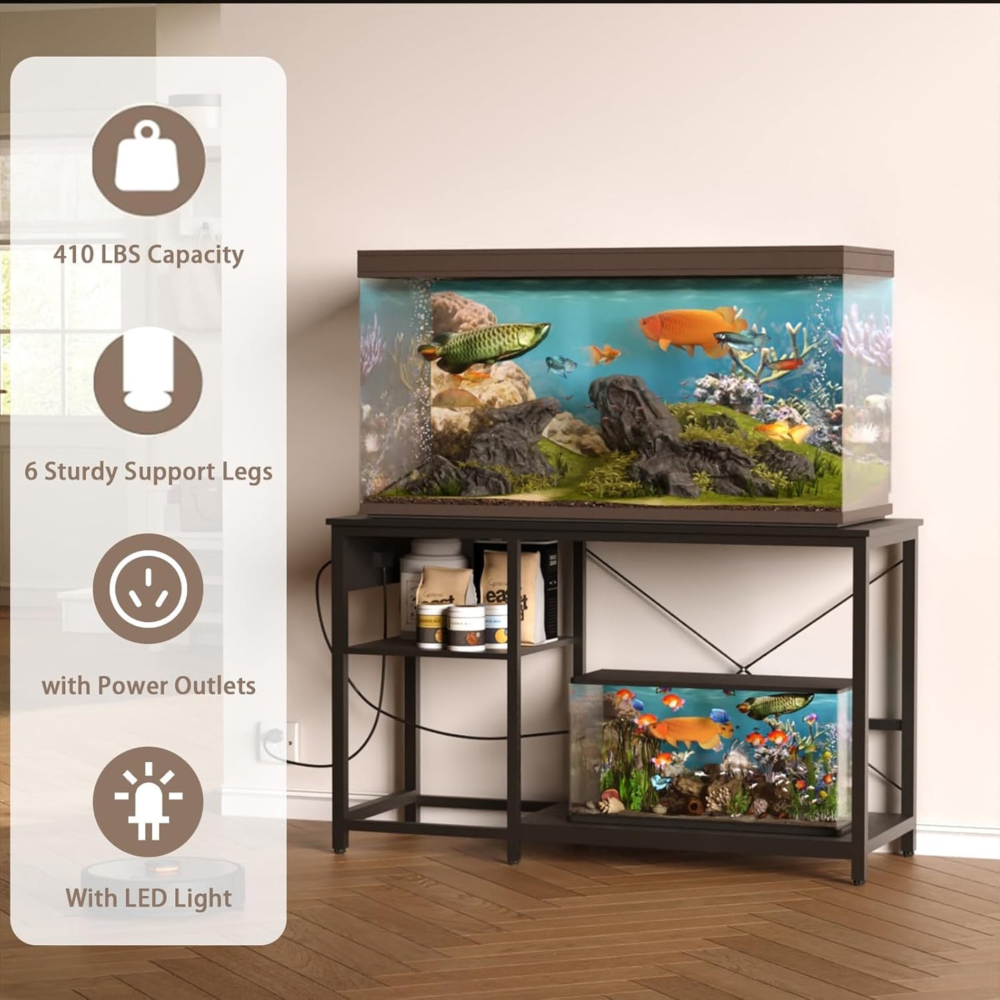 20-29 Gallon Fish Tank Stand with Power Outlet & LED Light, Metal Aquarium Stand with 3 Tier Adjustable Storage Shelves, Tank Stand for Reptile Tank, Turtle Tank, 30.7" L*13.8" W, Black