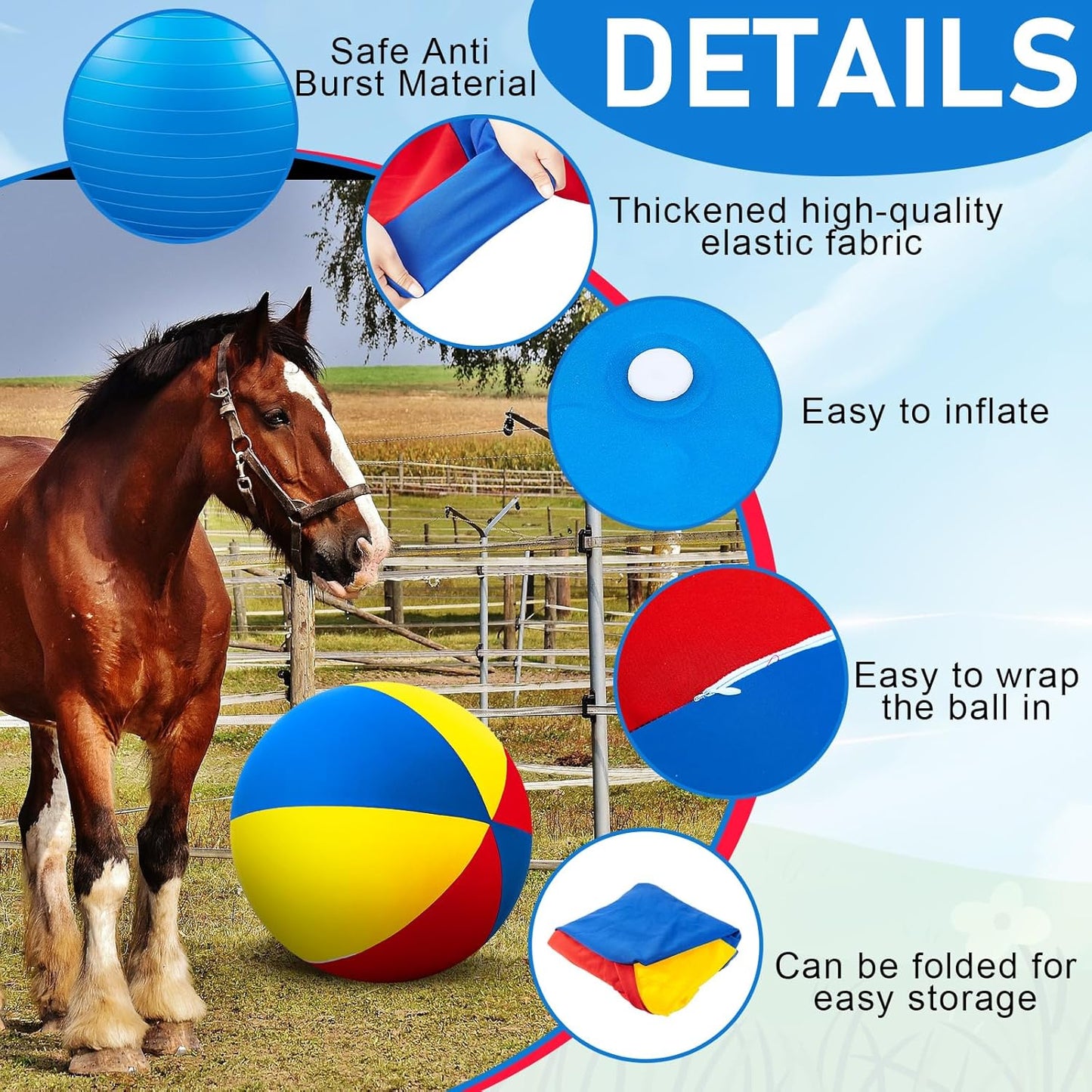 40inch Giant Herding Ball with Ball Cover Anti Burst Please Watch VCR for How to Inflation Horse Toys for Horses Stall Entertainment Play, Pump Included(Colorful,Classic)