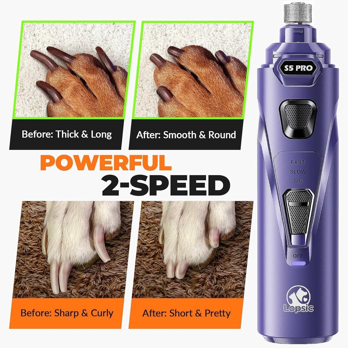 Dog Nail Grinder with 2 LED Lights Powerful 2 Speeds Super Quiet Dog Nail Trimmers with 3 Grinding Wheels Rechargeable Pet Dog Nail Clippers for Large Medium Puppy Dogs Nail File Cat Nail Clipper Blue
