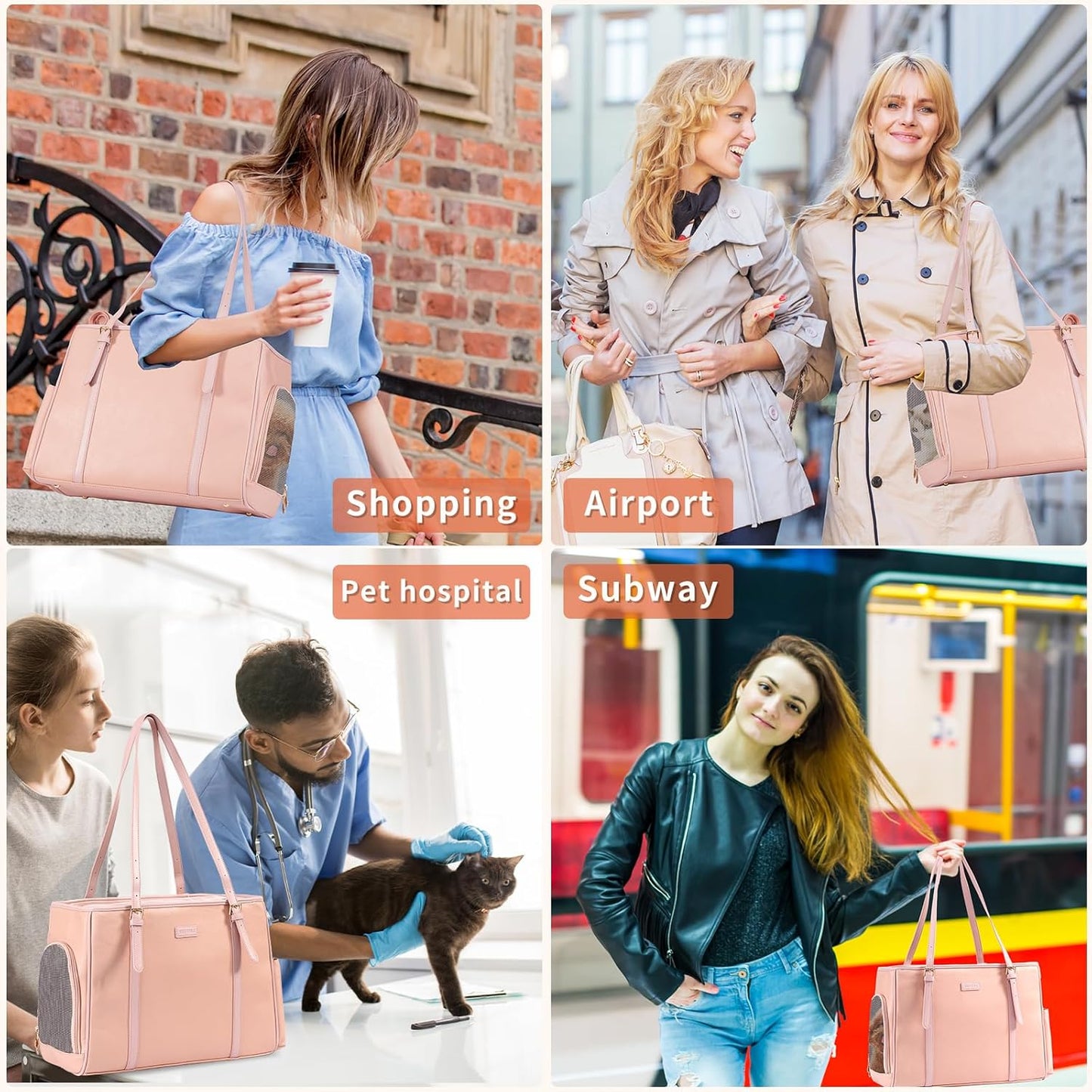 Fashion Dog Purse Pet Carrier Leather Bag for Small Dogs Cats Puppy, Portable Tote Bag Airline Approved Soft-Sided Carriers (Pink)