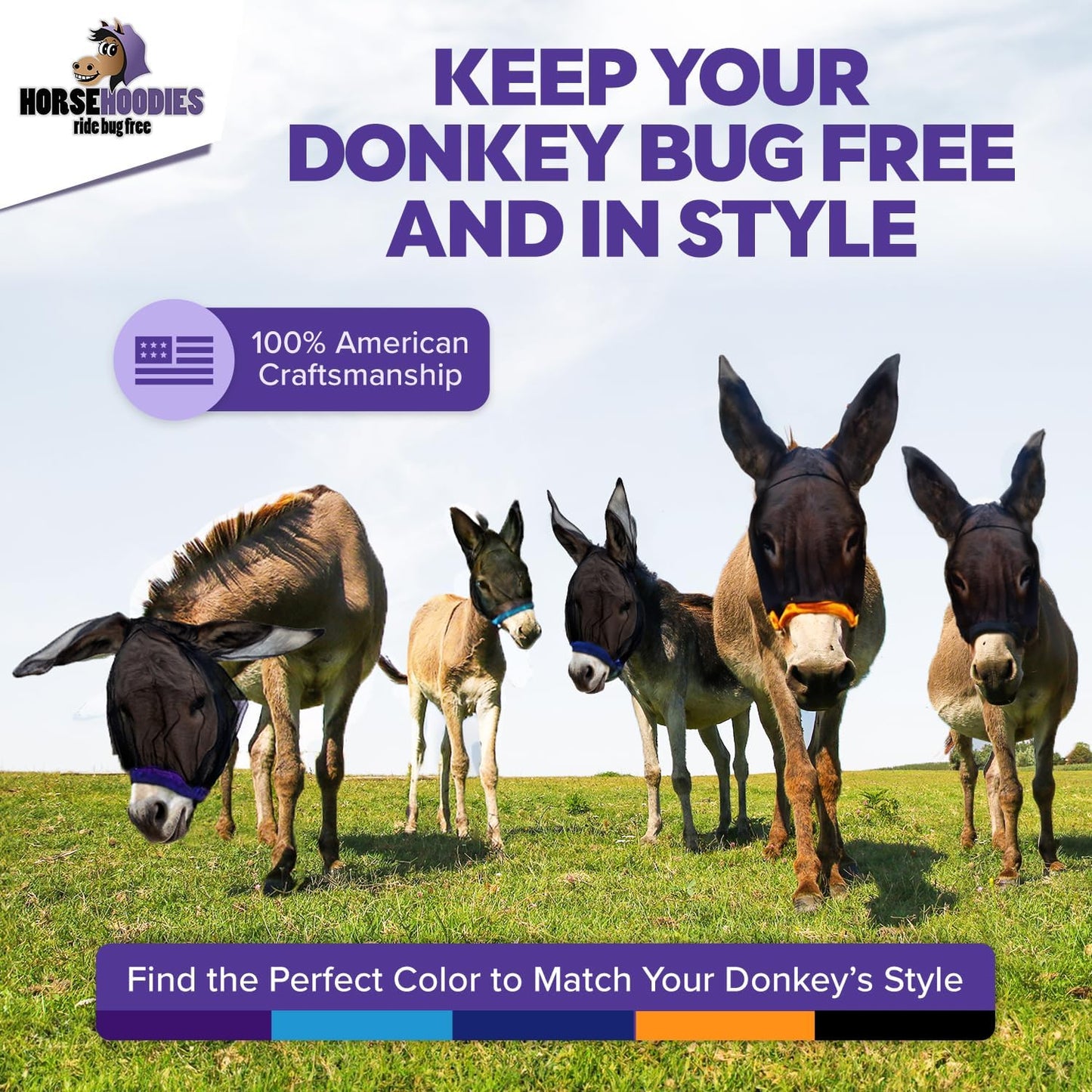 Donkey Fly Mask with Long Ears (Aqua) Made in USA - Mule Fly Mask with Ears Protection from Insects and Bugs, Small Donkey Soft Mesh Fabric with Adjustable Fastener, Face Cover Supplies for Donkeys