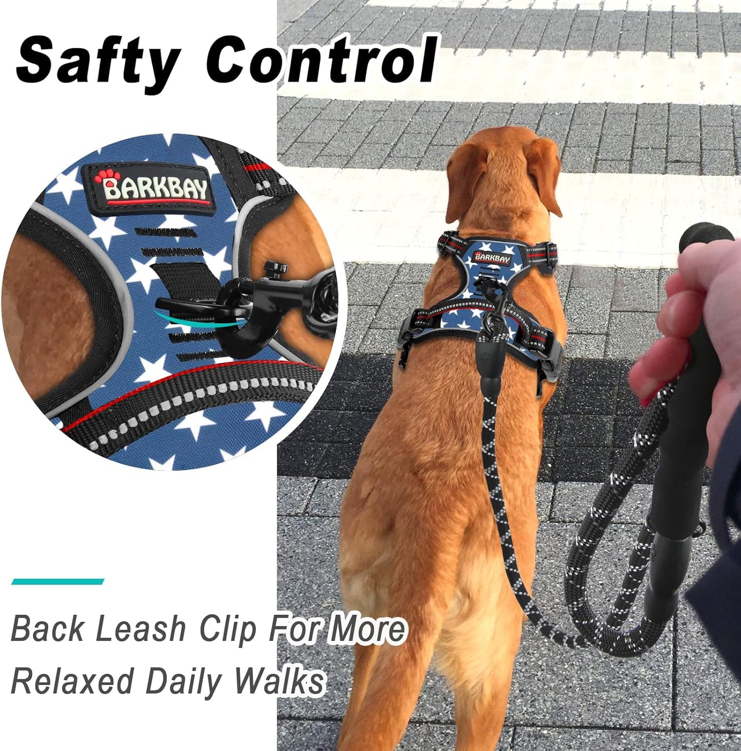 BARKBAY No Pull Dog Harness Large Step in Reflective Dog Harness with Front Clip and Easy Control Handle for Walking Training Running(Star,L)