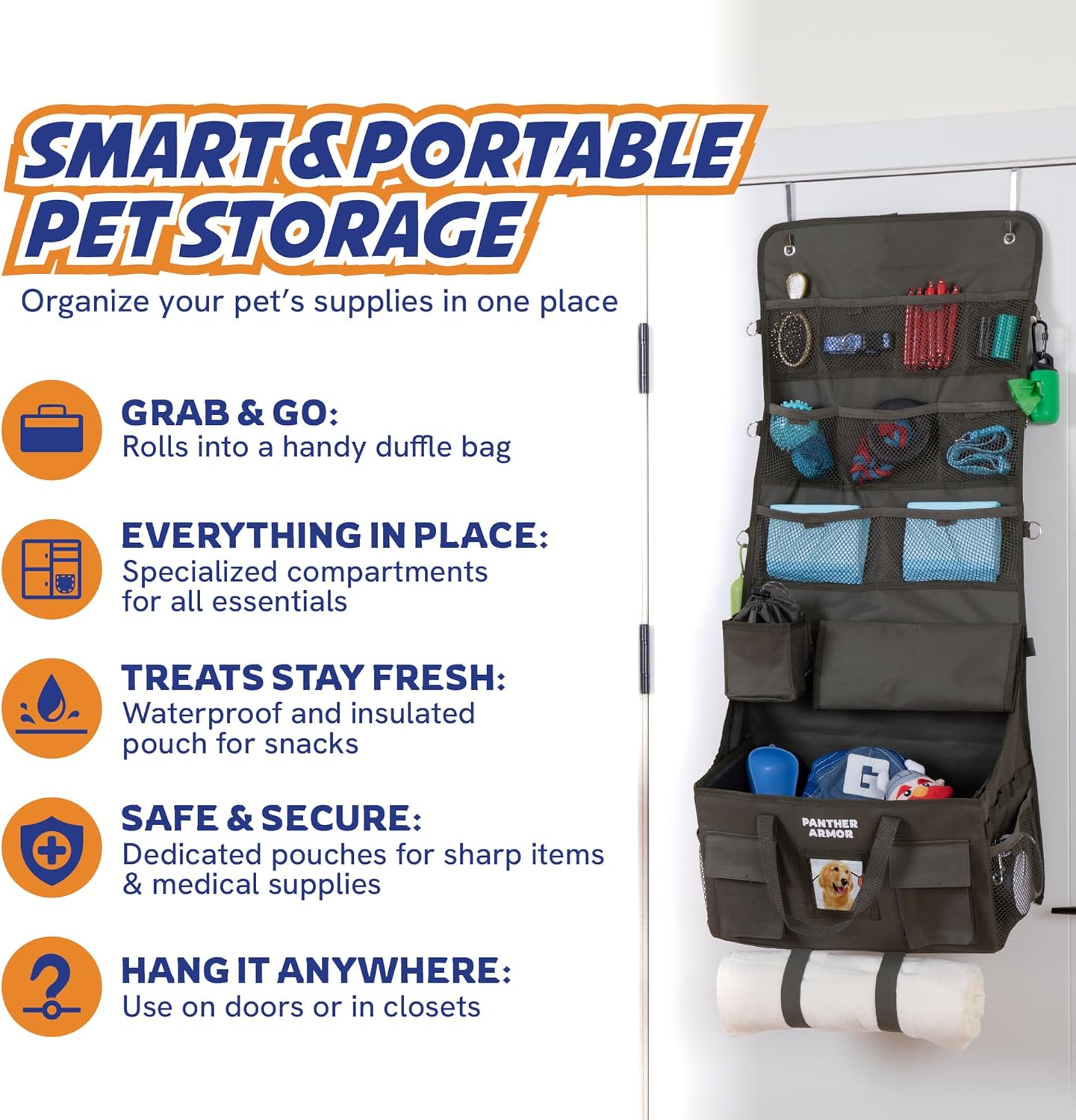 Panther Armor Dog Travel Bag Hanging Dog Organizer & Pet Storage Tote Bag for Supplies | Waterproof Door Storage & Closet Organizer | Food & Treat Container for Travel Accessories