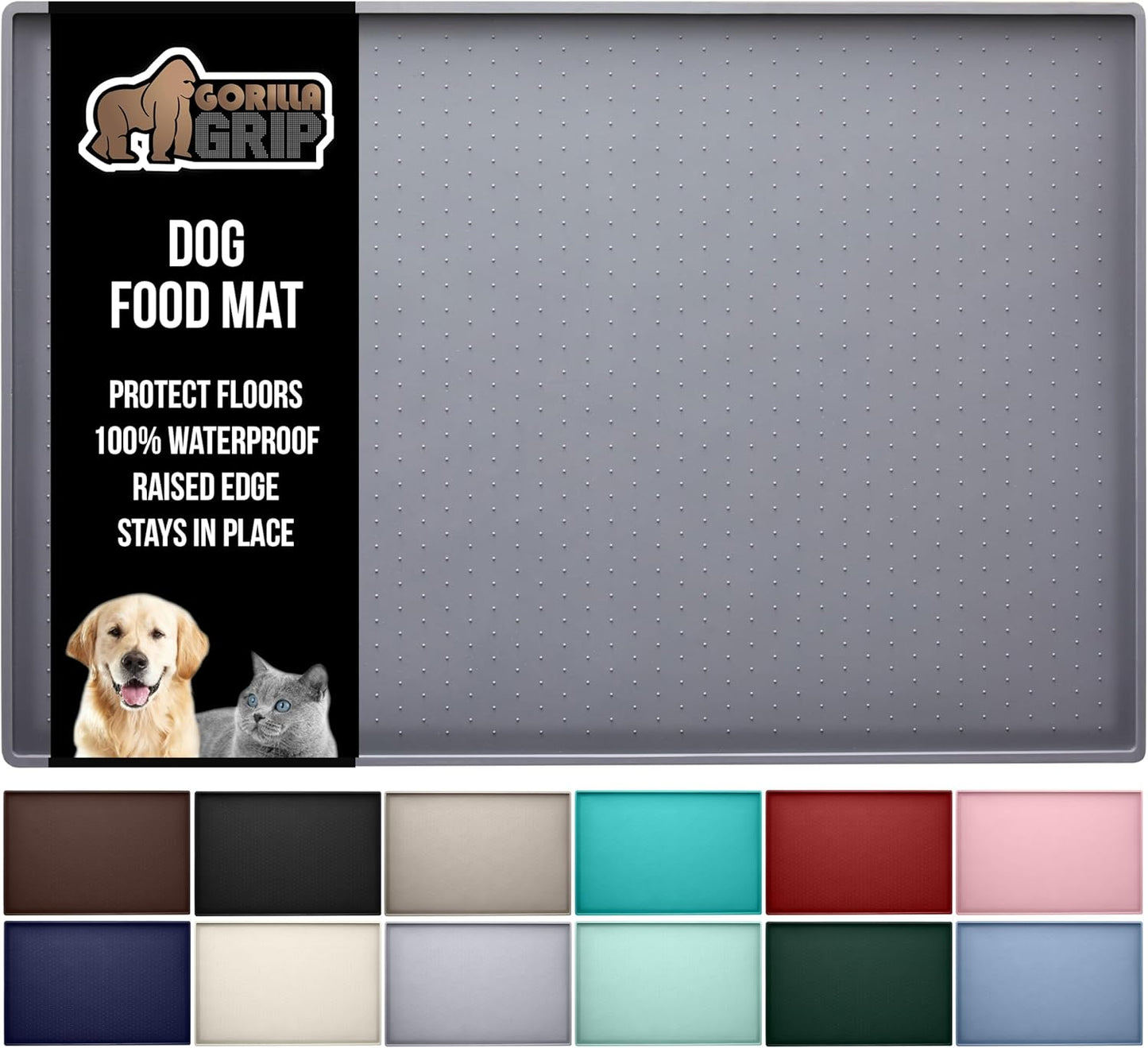 GORILLA GRIP 100% Waterproof Raised Edge BPA Free Silicone Pet Feeding Mat, Dog Cat Food Mats Contain Spills Protects Floors, Placemats for Cats and Dogs Water Bowl, Pets Accessories 16x10, Gray