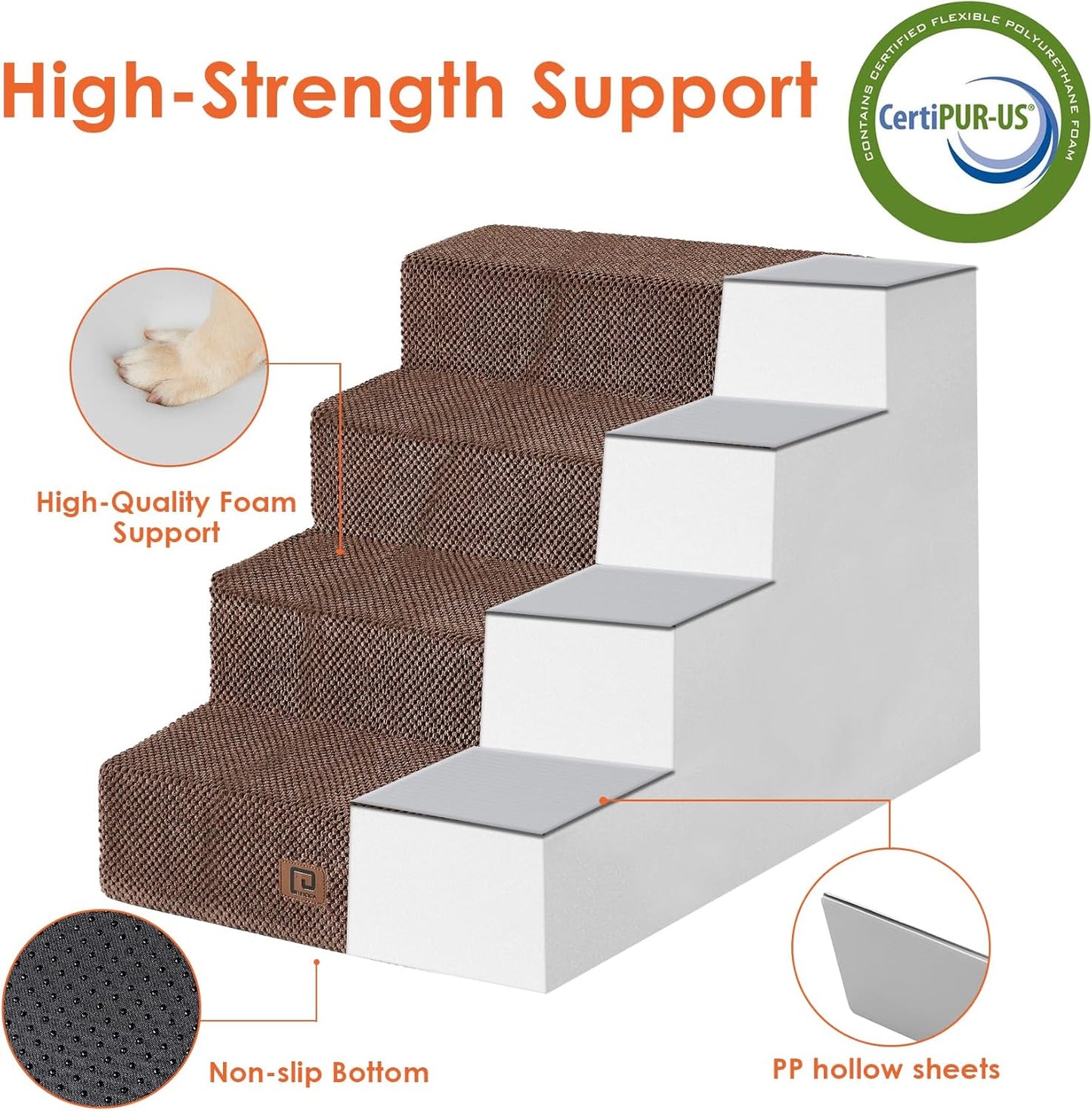 EHEYCIGA Dog Stairs for Bed 20" H, 4-Step Extra Wide Dog Steps for High Bed, Pet Steps for Small Dogs and Cats, Non-Slip Balanced Pet Ramp Indoor, Brown