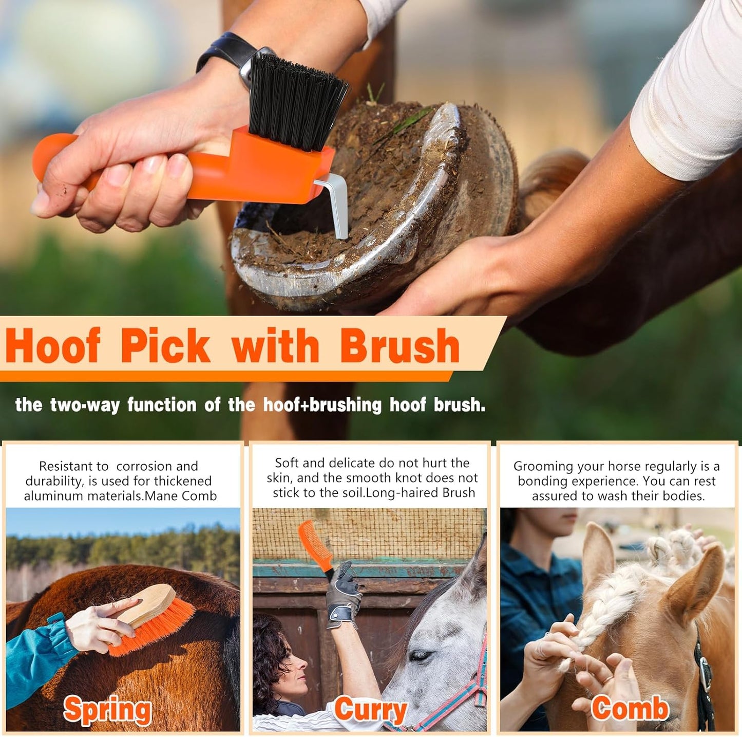 Abbylike 12 Pieces Horse Grooming Kit Racing Festival Tack Room Supplies Horse Brush Sets Equine Care Cleaning Kit Shedding Grooming Massaging Tools(Orange)