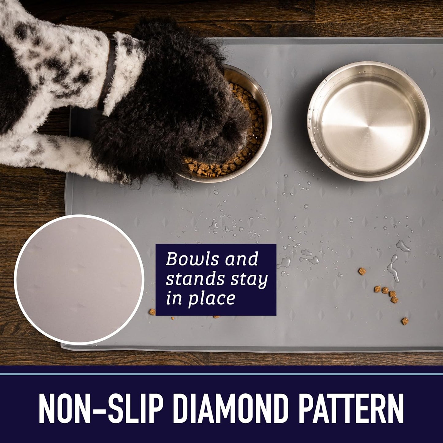 Leash Boss Dog Food Mat – Waterproof Silicone Pet Feeding Mat with Raised Edges for Dogs & Cats, Non-Slip Placemat for Food & Water Bowls,Spill-Proof Floor Protection,Easy to Clean(Grey,S-18" X 11")