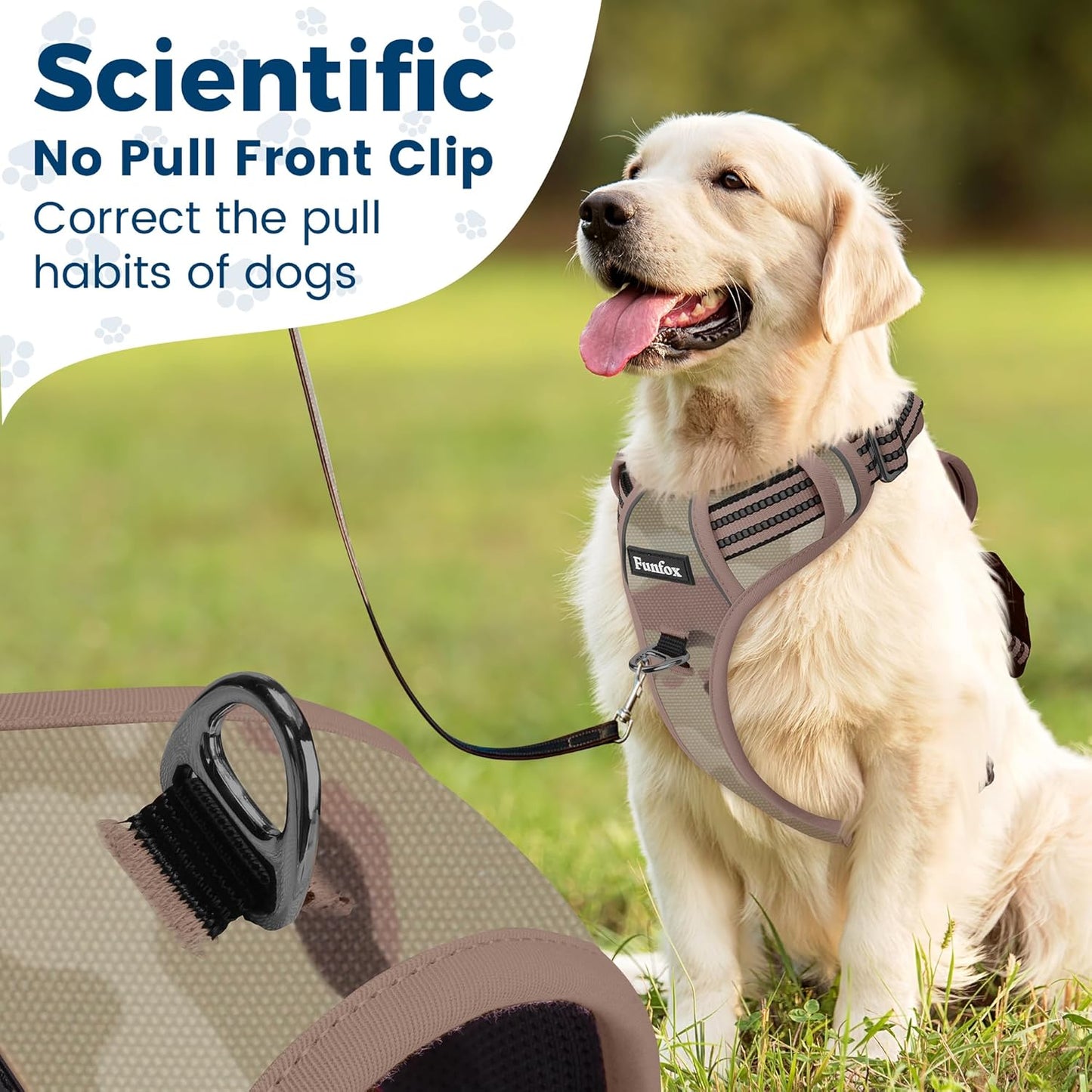 Funfox Dog Harness No Pull, Adjustable Pet Vest Harness, Super Soft Material with Vertical Handle Easy Control, Reflective Night Walking, 2 Leash Clips for XLarge Dogs, Camo Brown, XL