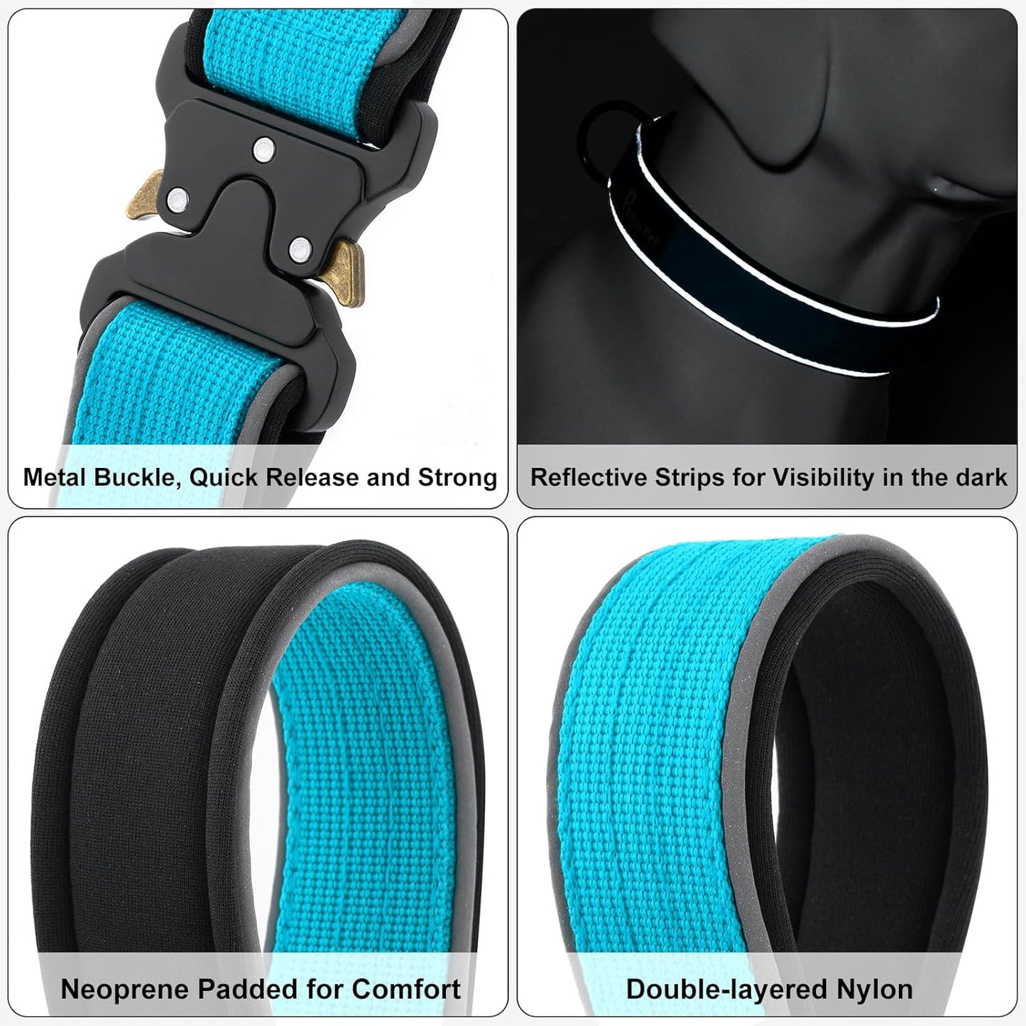 Plutus Pet Tactical Dog Collar, Reflective, Adjustable Heavy Duty Dog Collar, Soft Padded and Comfortable, for Small Medium and Large Dogs (Cyan, M)
